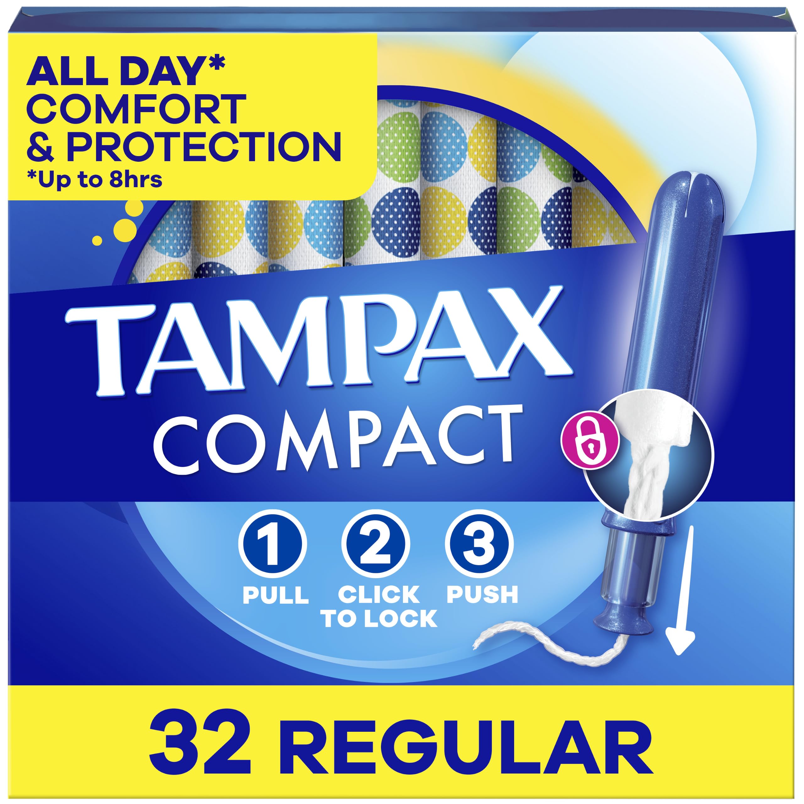 Tampax Compact Pearl Tampons for Women, with LeakGuard Braid &amp; Extendable Applicator, Regular Absorbency, Compact Extendable Applicator, Unscented, 32 Count