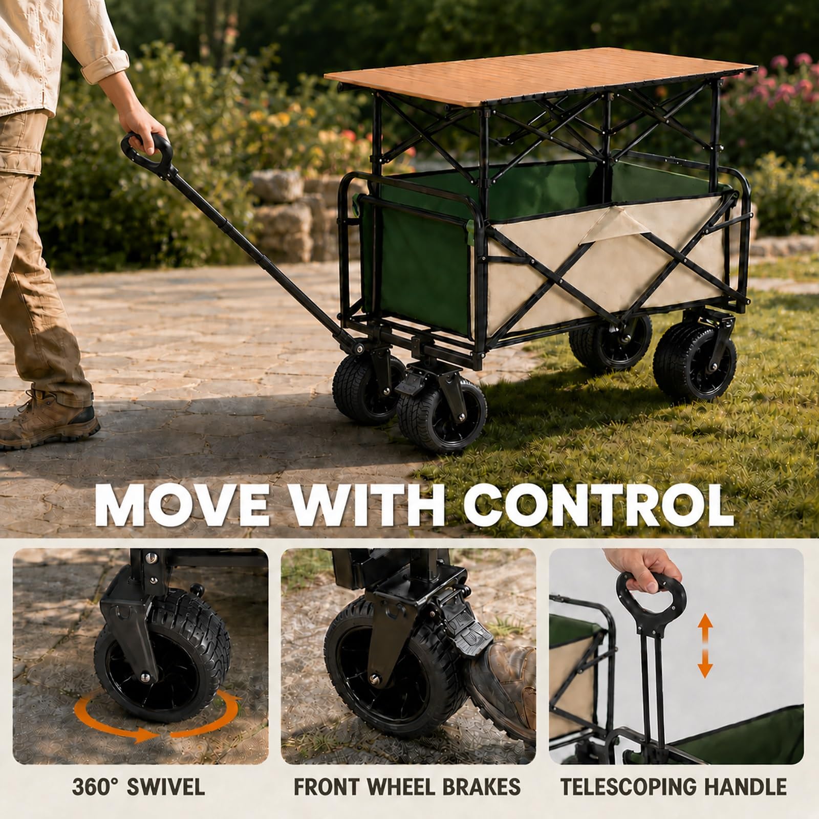 Foldable Utility Wagon with Tabletop Heavy Duty Camping Cart
