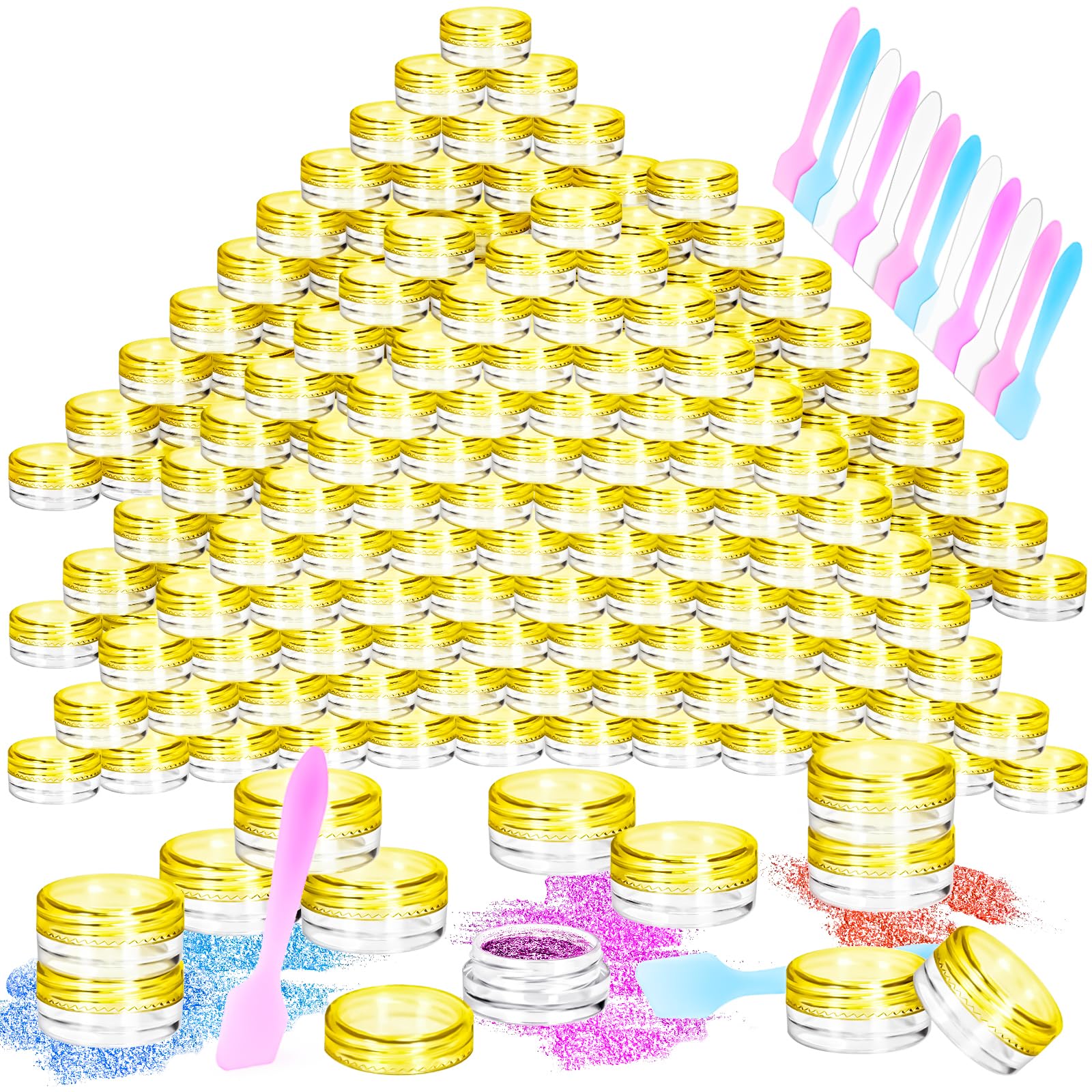 MotBach 100 Pcs 3g Empty Plastic Containers with Lids,Tiny Makeup Sample Containers, Small Pot Jars Clear Round Cosmetic Jars with 20 Pcs Mini Spatulas for Liquid Sample Powder Creams(Yellow Lid)
