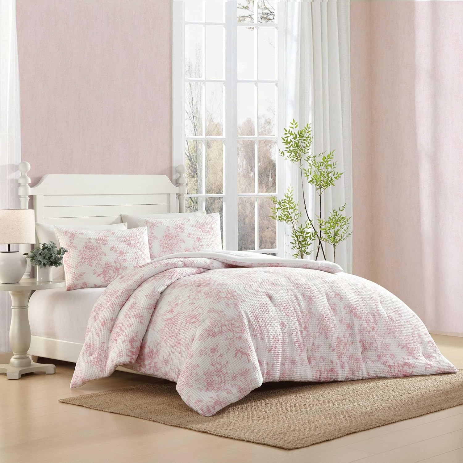 Laura Ashley - Comforter Set, Soft Poly Waffle Textured Bedding with Matching Shams, Delicate Floral Design (Delphine Pastel Pink, King) King Delphine Pastel Pink