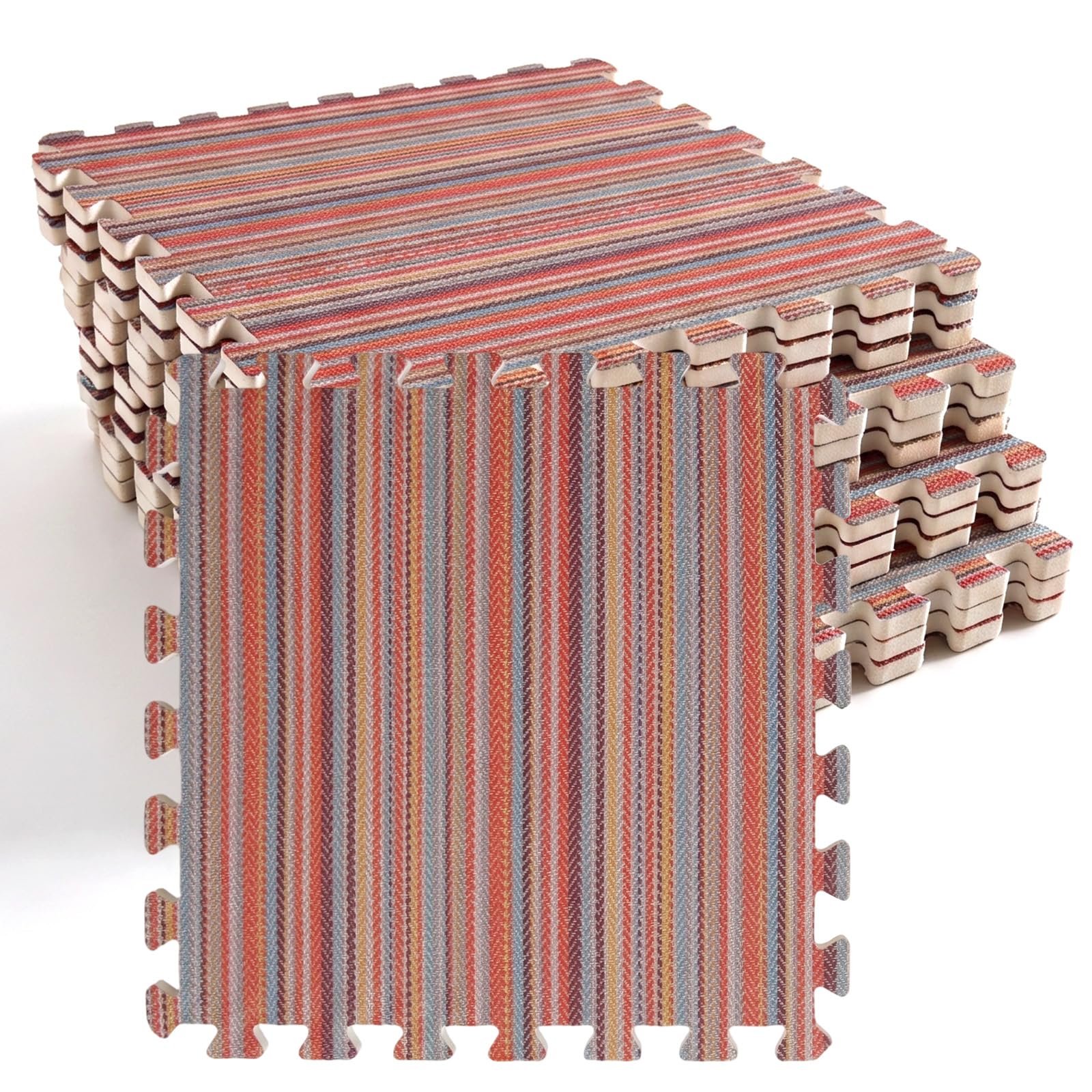 12 Pièces Tapis Puzzle, Dalle Mousse, Carreaux de Sol Emboîtables en Lin, Tapis Mousse Chambre Enfant, pour Salon et Chambre à Coucher, 30 x 30 cm - Rouge-Bleu