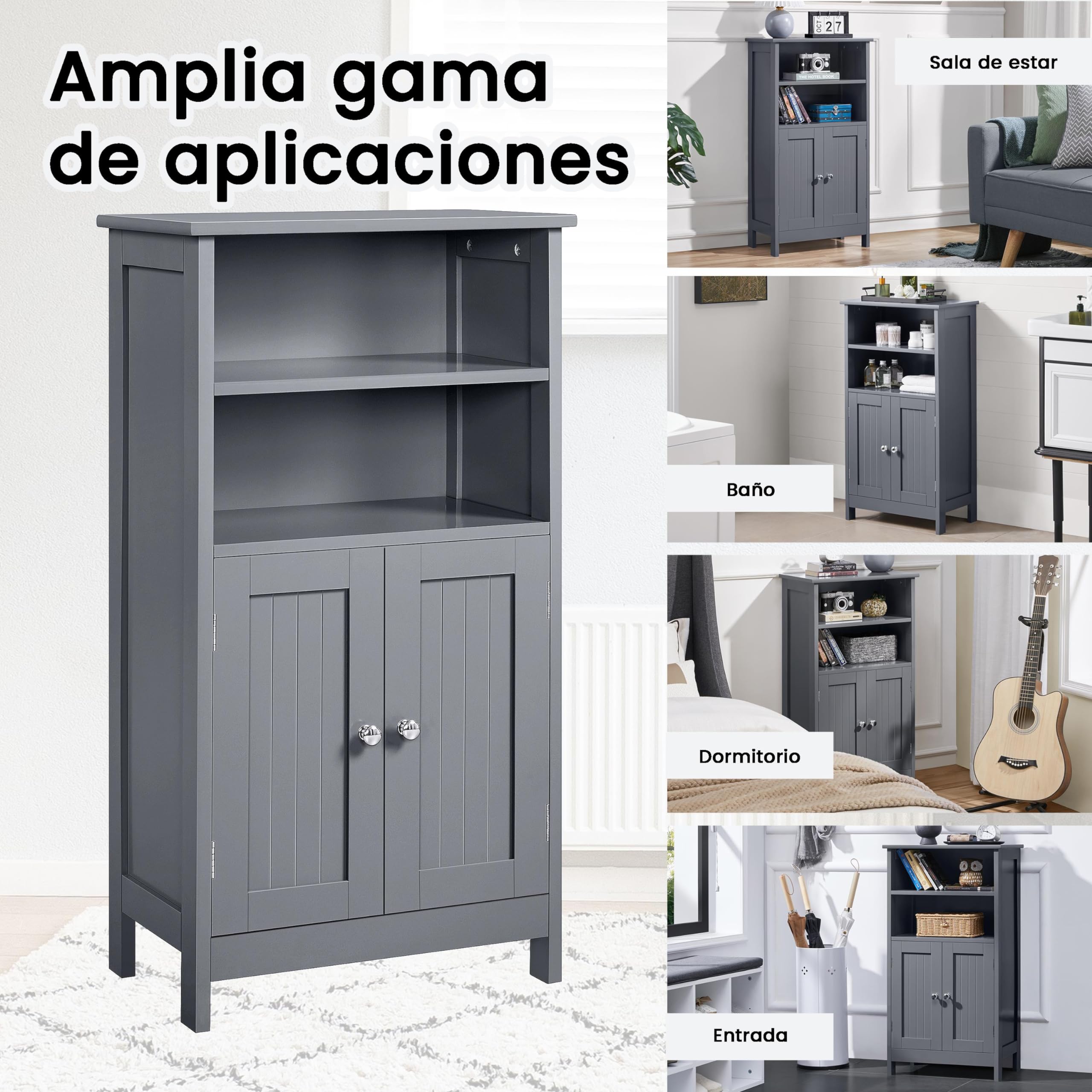 Yaheetech Armario Baño Columna con Estante Mueble Baño Suelo de Madera Armario de Almacenaje Organizador para Salón Cocina 50x30x92,5cm Gris
