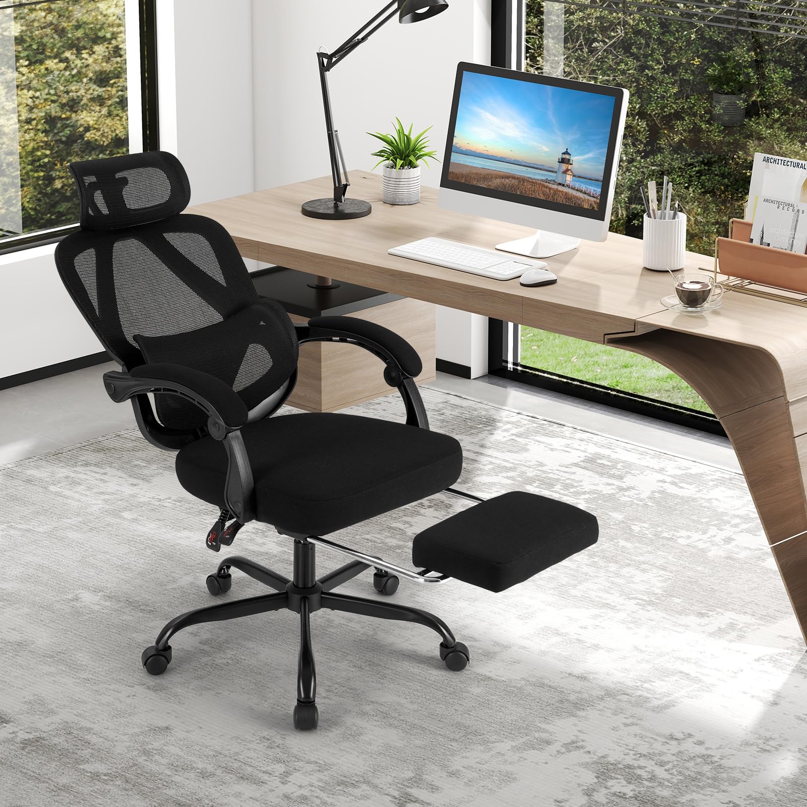 COSTWAY Silla Oficina Ergonomica, Respaldo Alto de Malla y Reposapiés Retráctil, Silla Gaming, Respaldo Inclinable, Reposacabezas, Altura y Soporte Lumbar Ajustables, Office Chair Ruedas