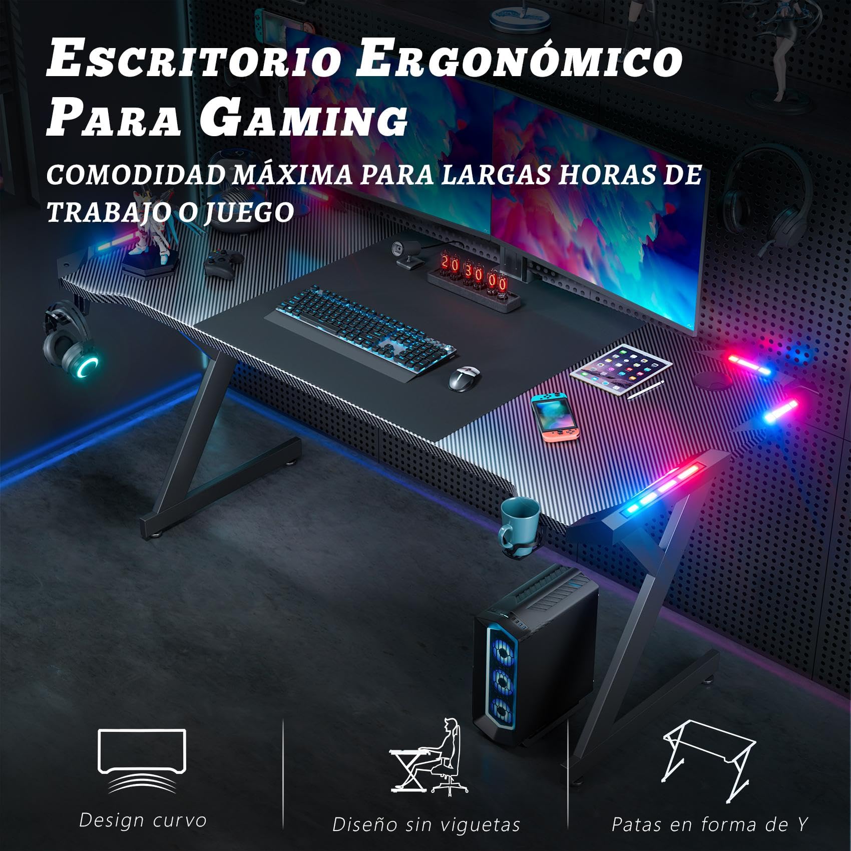 HLFURNIEU LED Mesa Gaming 160 x 60 cm, Escritorio Gaming Ergonómica de Superficie de Fibra de Carbono, Mesa Ordenador con Portavasos y Gancho para Auriculares, Escritorio Gamer Negro