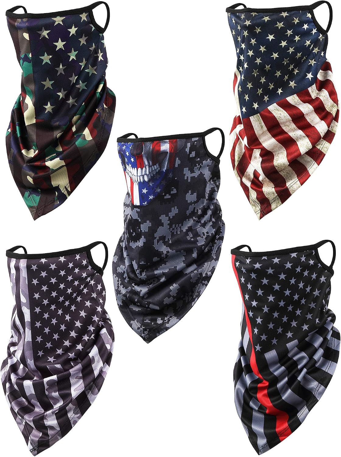 SATINIOR 5 Pieces American US Flag Bandanas Ear Loops Face Cover Summer UV Protection Neck Gaiter Scarf Headband Balaclava for Women Men, Multicoloured, Medium