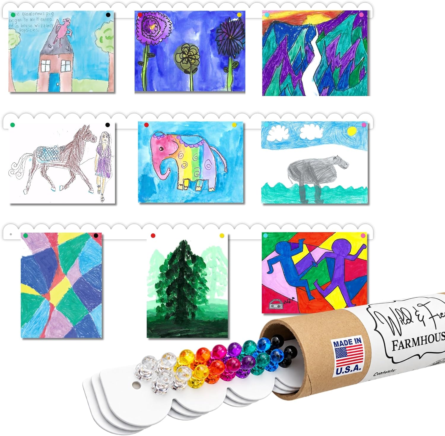 Scalloped Magnetic Art Display for Kids Artwork & Photos (Set of 3) – Kids Artwork Display for Wall – Magnetic Photo Display Strips with Push-Pin Magnets (White, 35in (3 Pack))