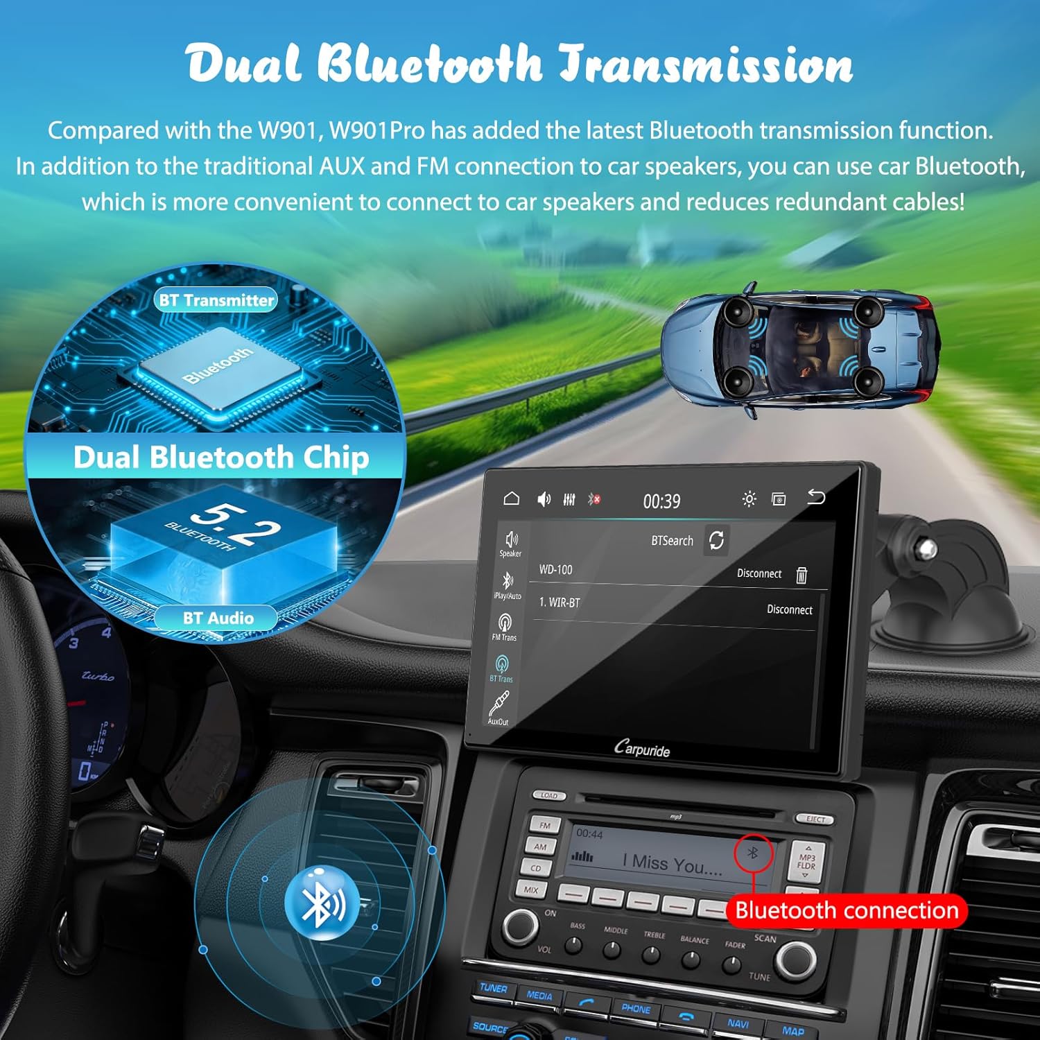 CARPURIDE W901 Pro with Wireless Bluetooth Transmission Portable Carplay & Android Auto Car Stereo, 1080P Touch Screen, Mirror Link/GPS/Siri/FM, with 3 Bracket