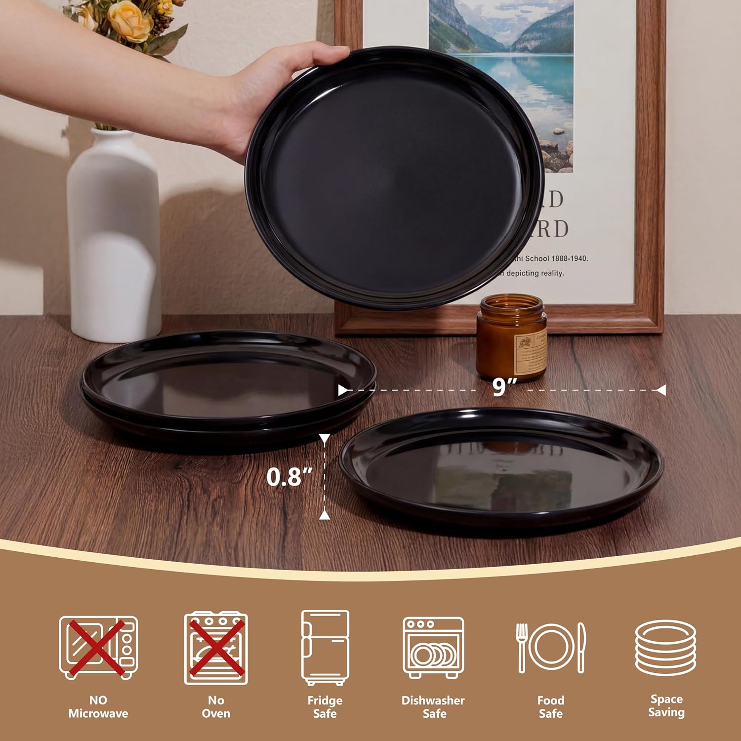 ONEderful 11 Inch Melamine Dinner Plates Set of 4 - Black Modern Flat Plates, Durable & Lightweight Catering Dishes for Parties, Picnics, Holidays, Dishwasher Safe (Black)