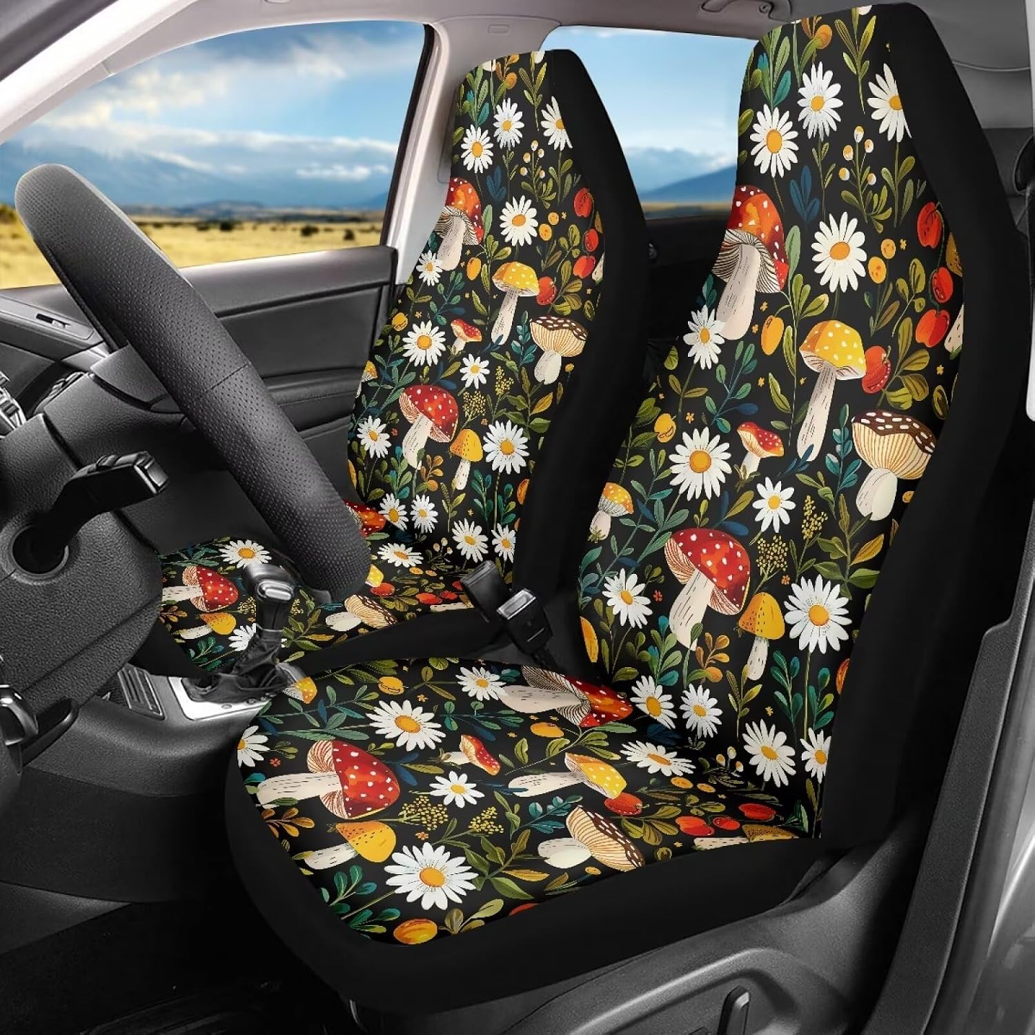 2 Piece Car Seat Covers Automotive Front Seat Cover Retro Mushroom Daisy Flower Print Vehicle Seat Protector Interior Accessories for Front Seats Universal Fit Most Car Sedan Van Truck