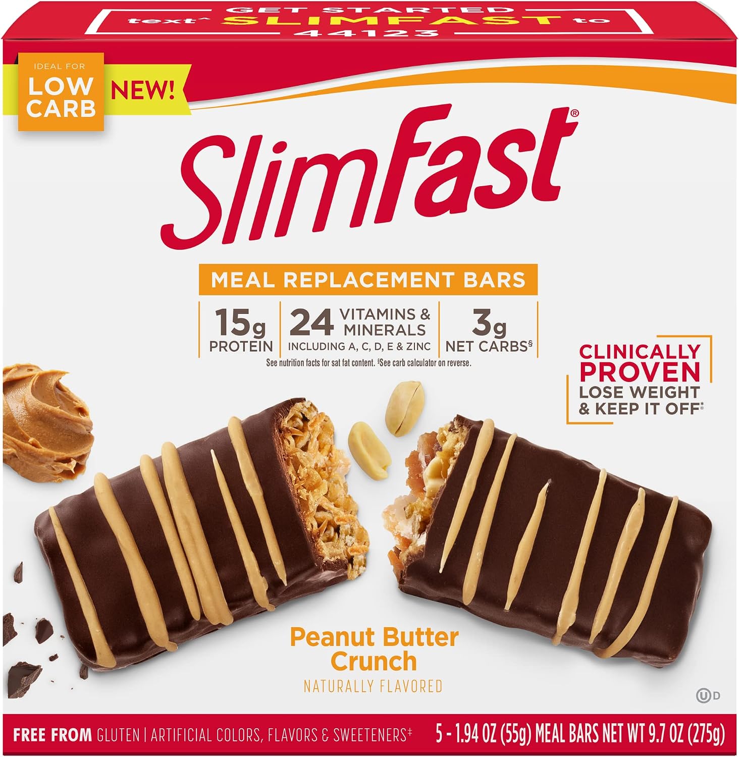 SlimFast Meal Replacement Bar, Peanut Butter Crunch, 15g of Protein for Weight Loss, 5 Count Box