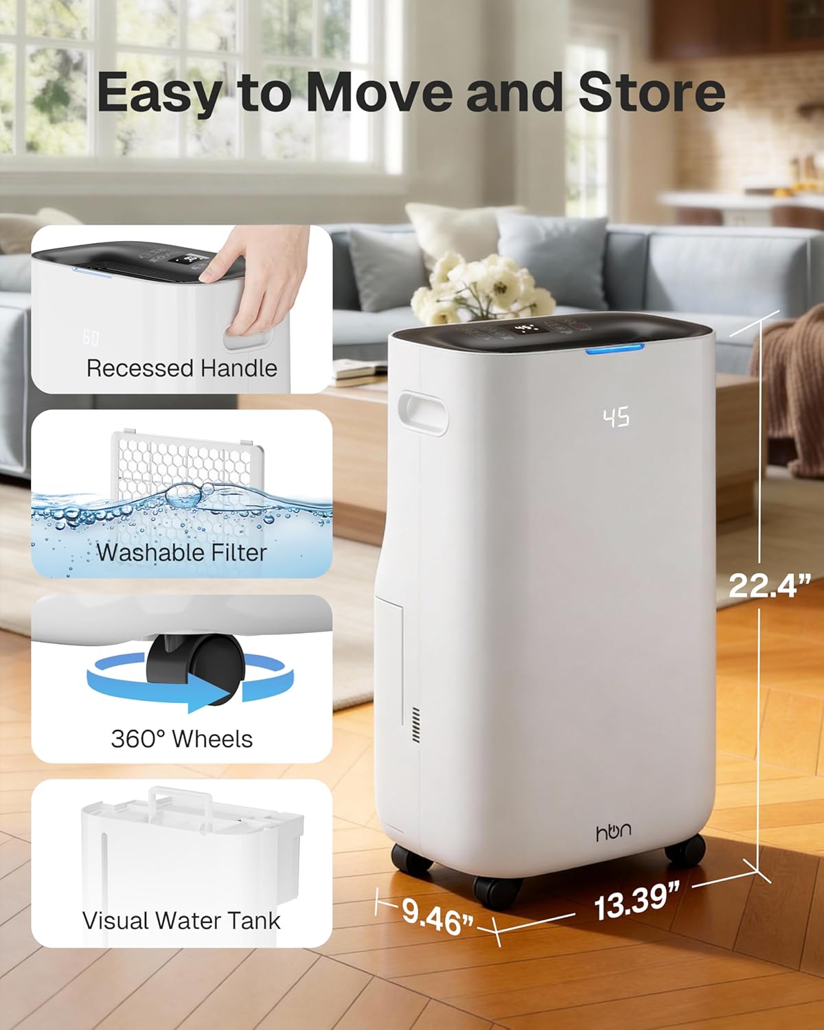 4500 Sq.Ft Dehumidifier for Basement and Large Rooms Max 80 Pint/Day Dehumidifiers with Drain Hose Smart Humidity Control 1.71Gallon Water Tank 24h Timer for Home, Bedroom, RV, Bathroom, - Image 9