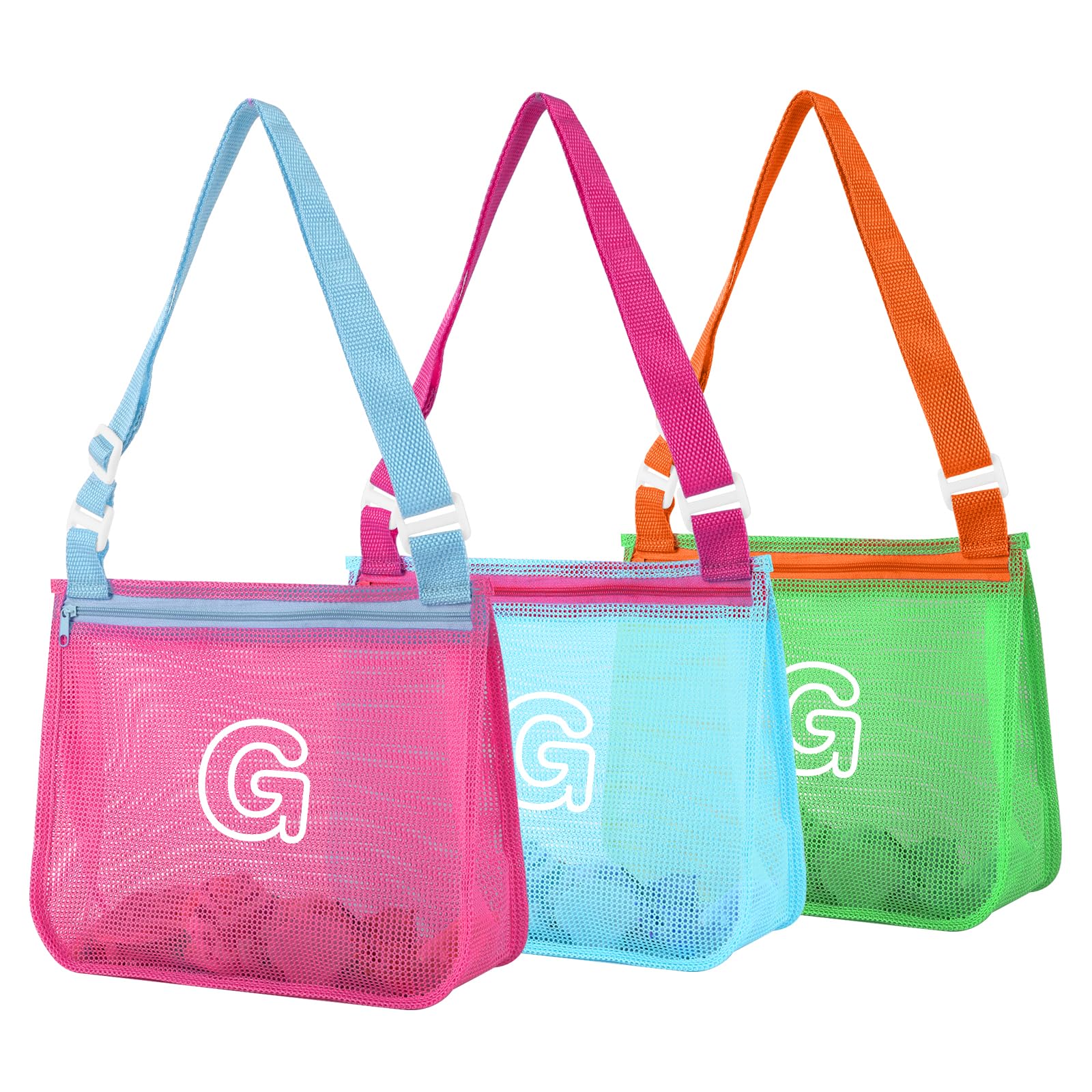 3Pcs Personalized Kids Beach Shell Bag, Initial Seashell Mesh Zipper Beach Pouch, Shell Collecting Bag for Holding Shells with Adjustable Straps, Sand Toys Swim Pouch Gift for Girl Boy Teens(Letter G)