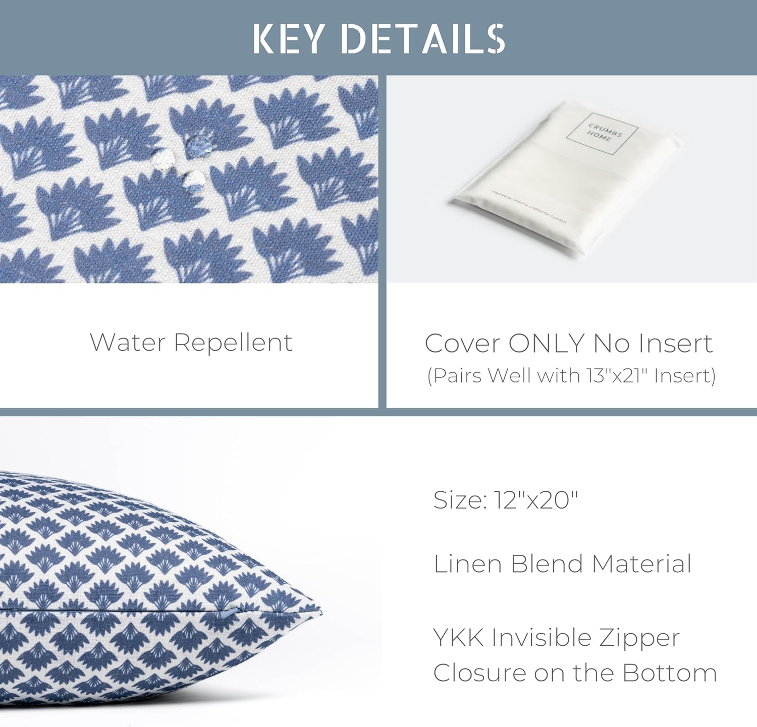 Crumbs Home California Casual Coastal Indoor Outdoor Lumbar Pillow Cover, 12"x20" Water Repellent for Patio, Backyard, Couch, Poolside, Azure Blue Print Ravenala Palm Tree