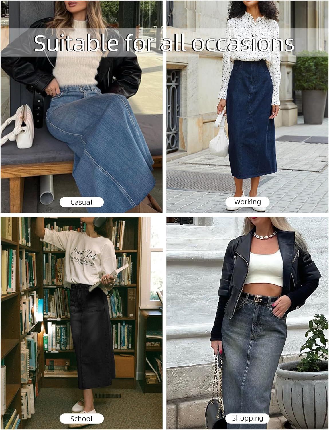 Long Denim Skirt for Women Stretch Maxi Skirt with Back Slit High Waisted Jean Skirts with Pockets Casual Vintage Blue - Image 5