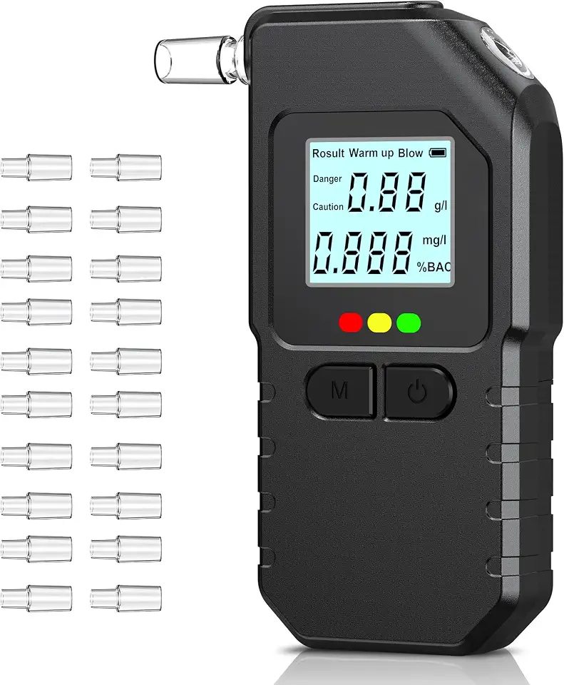 Riskanter Alkoholkonsum ist männlich 5 Alkoholtester mit Zwei Sensoren, Professioneller Promillemessgerät mit Digitaler LCD-Anzeige, Tragbarer Alkoholmessgerät für Den Persönlichen und Professionellen Gebrauc, mit 20 Mundstücke