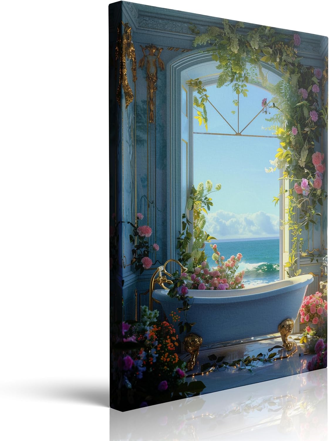 Tufiqu Vintage Coastal Beach Scene Canvas Art - Ocean Blue Teal Retro Bathroom Wall Decor With Bathtub Window Landscape, Perfect For Home Bedroom Or Guest Room Decorations Ready to Hang(16"x24")