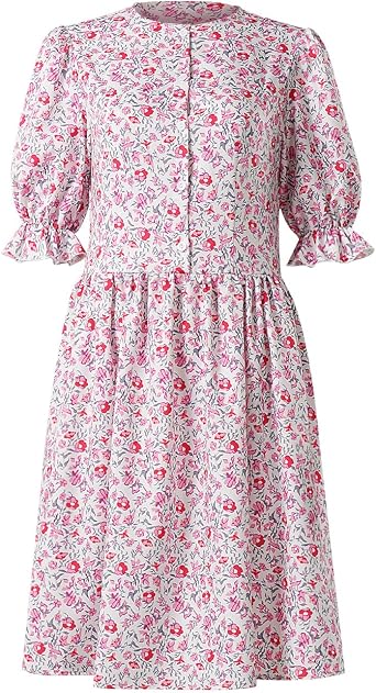 Women Costume Dress Mask Pink Floral Print Dress Halloween Costume