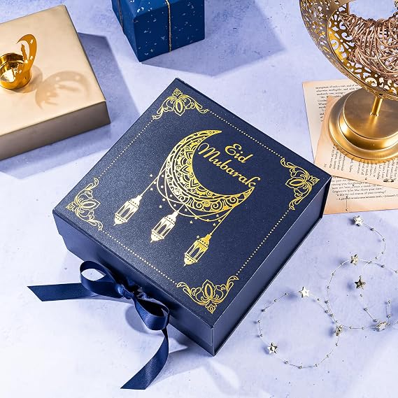 WRAPAHOLIC Eid Mubarak Gift Box with Satin Ribbon, 8x8x4 Inches Blue Collapsible Gift Box with Magnetic Closure for Eid Party, Ramadan, Gift Wrap, Storage