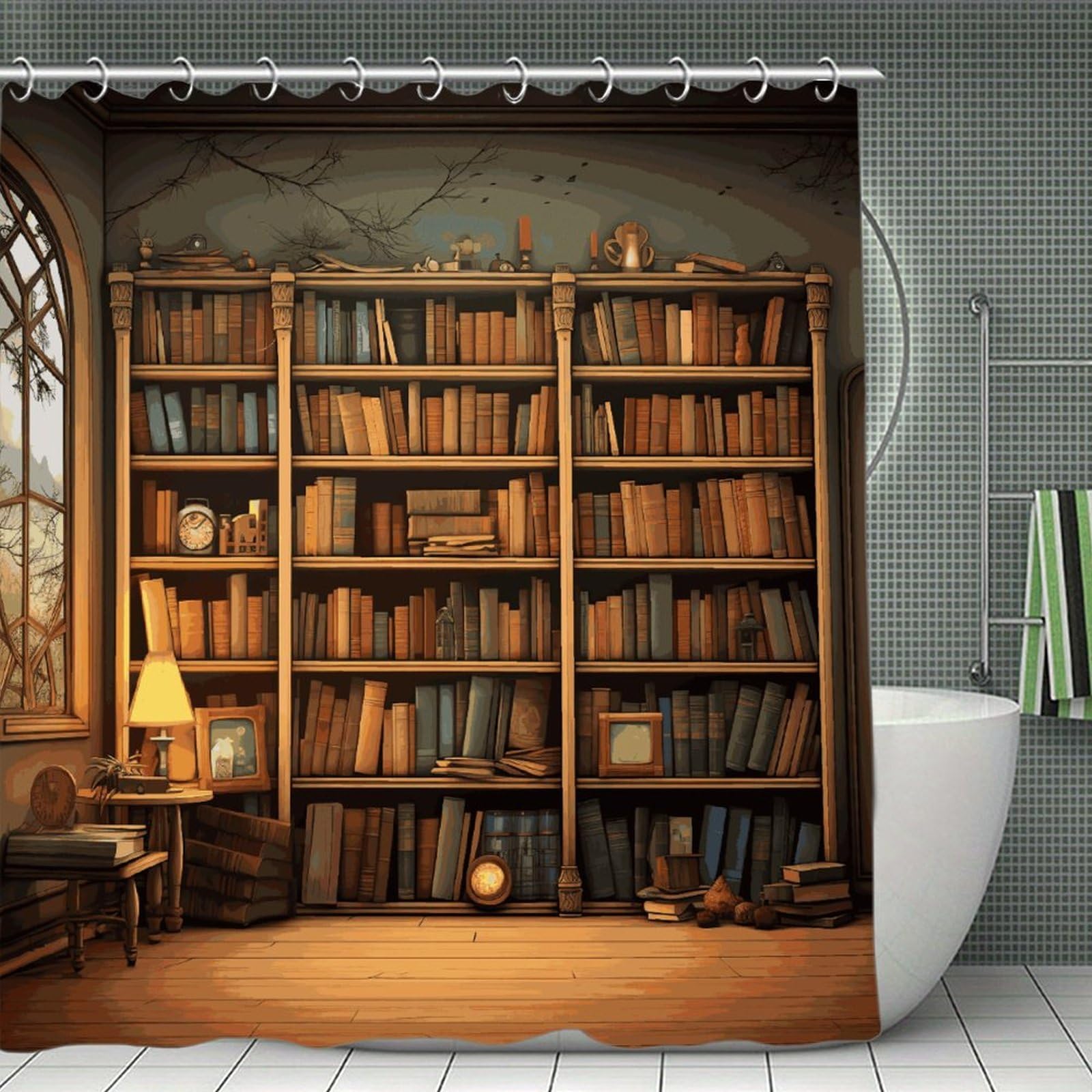 FekiLoot Retro Bookshelf Shower Curtain Thick Weighted Shower Curtain Classic Unique Bath Curtains Heavy Duty Long Showers Curtains for Bathroom Bath Tubs Machine Wash 70.8"x70.8"