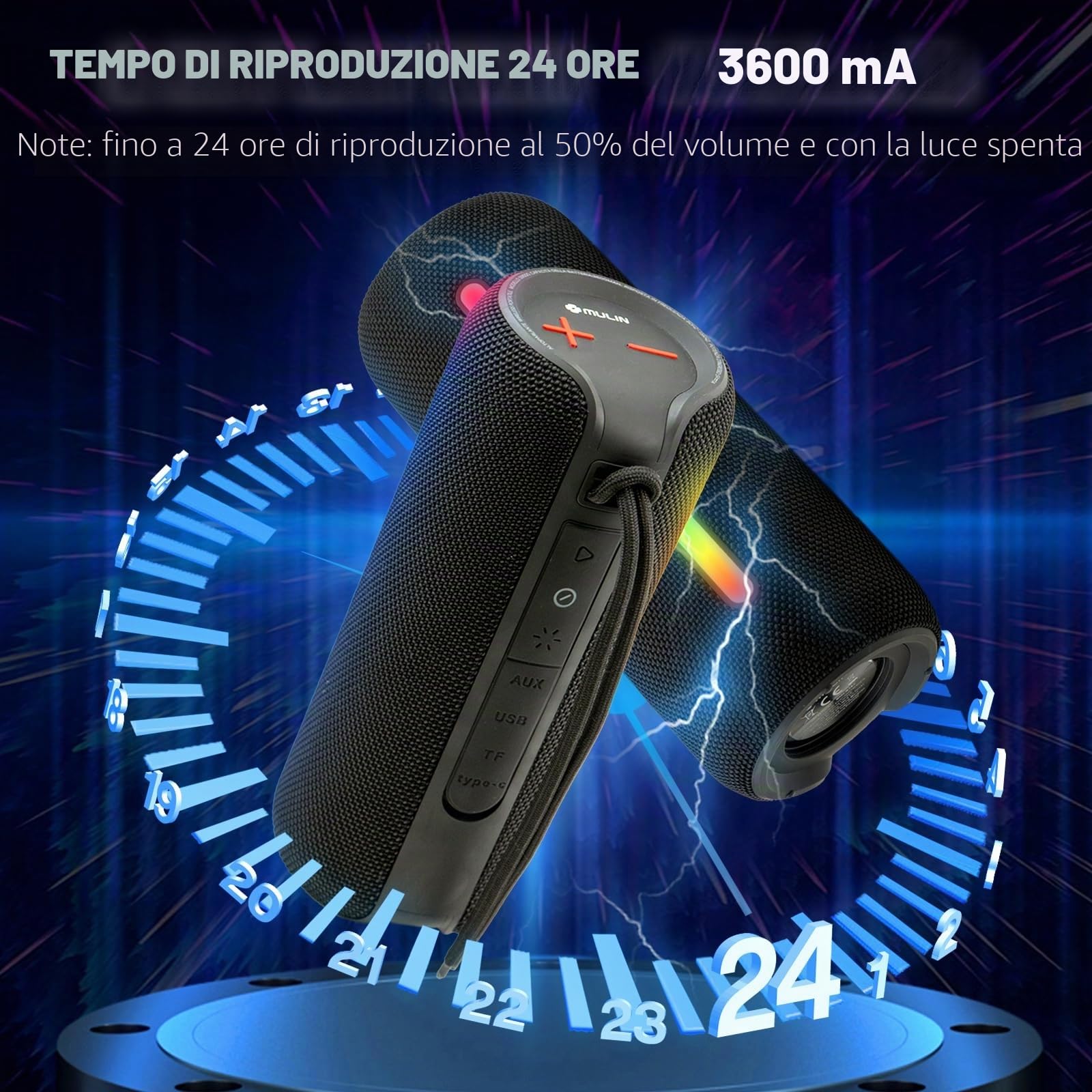 MU LIN cassa bluetooth doccia Portatile Impermeabile cassa bluetooth potente, altoparlante bluetooth portatile, Luce RGB, AUX & Micro SD,NERO 1PZ