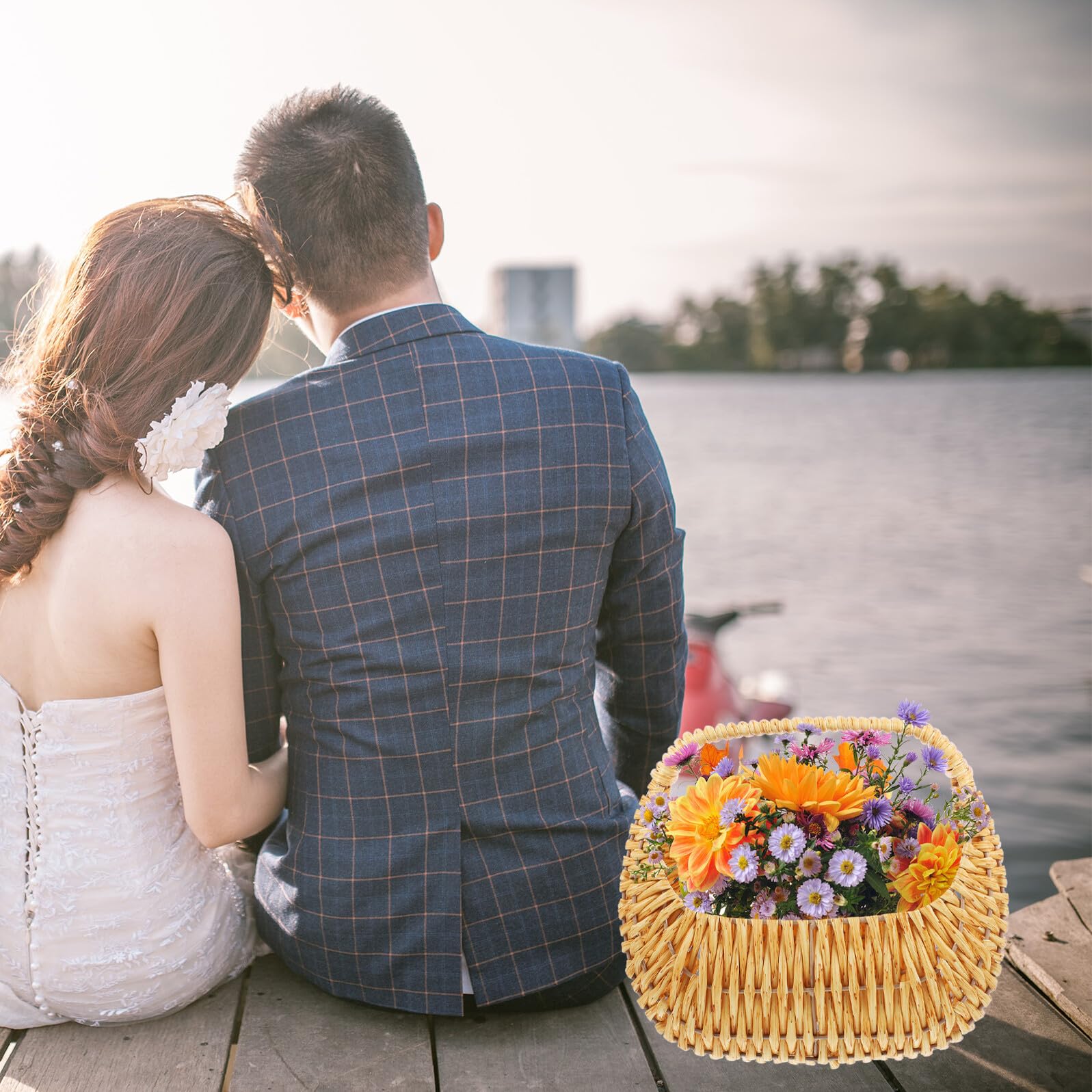 Handgeflochtener Blumenkorb mit Henkel Leichter Aufbewahrungskorb aus Robustem Material für Hochzeiten Picknick und Dekoration