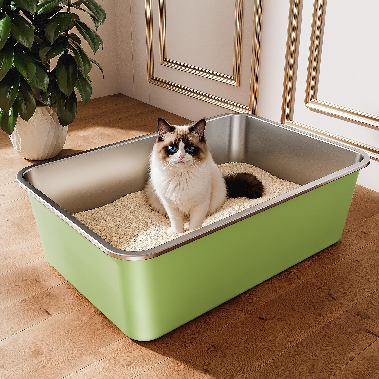 Stainless Steel Cat Litter Tray, Cat Litter Box for Large Small Cats, High Sided Metal Litter Tray, Cats Toilet for Kitten Rabbit and Guinea Pig, Non-Stick, Odor-Free (Green, 23.4"L×15.6"W×7.8"H) — image 1