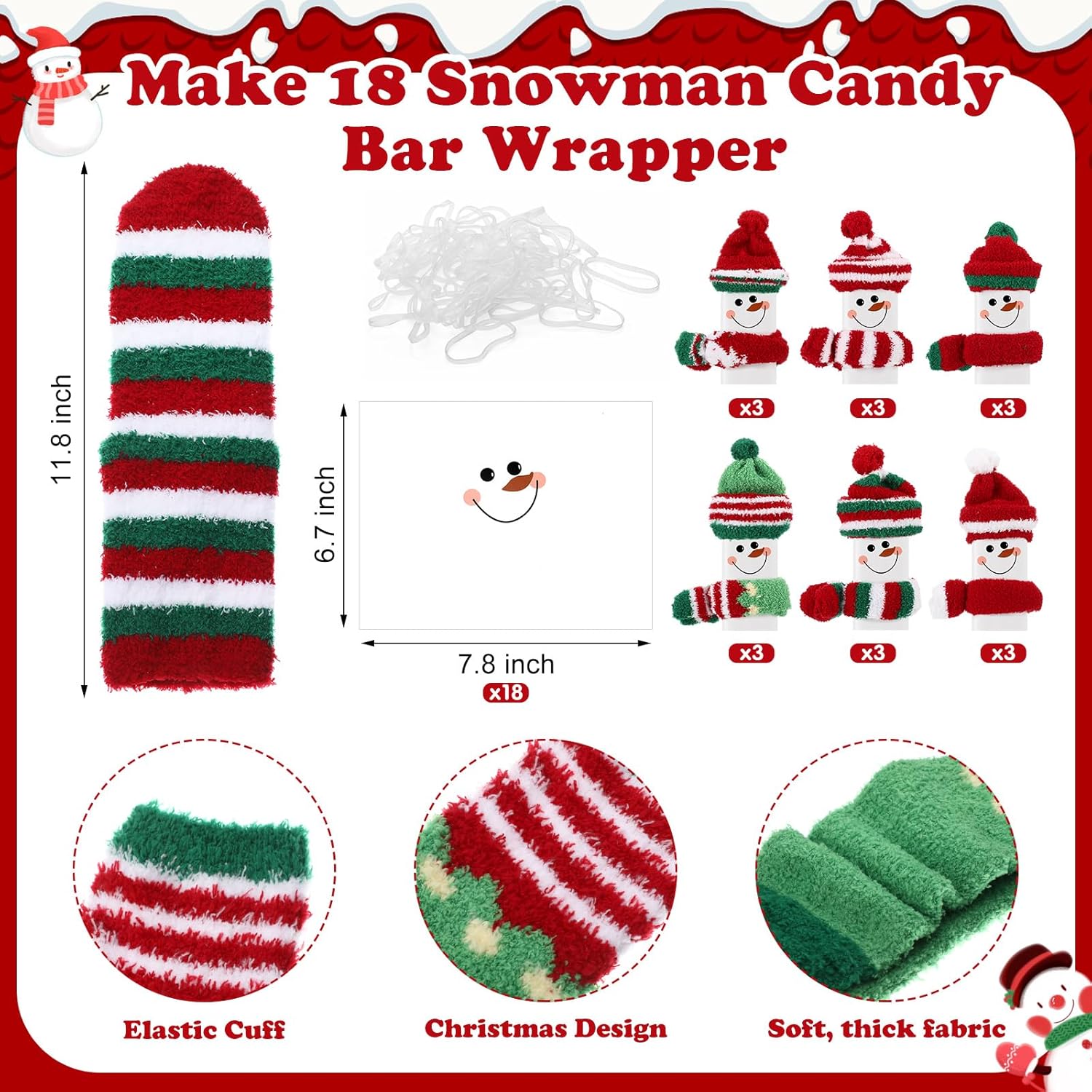 Halfchet 18 Sets Winter Snowman Candy Wrapper Gift Kit with Soft Fuzzy Socks Winter DIY Candy Chocolate Bar Wrappers Craft Snowman Gift Boxes Kit for Holiday Favor Supplies