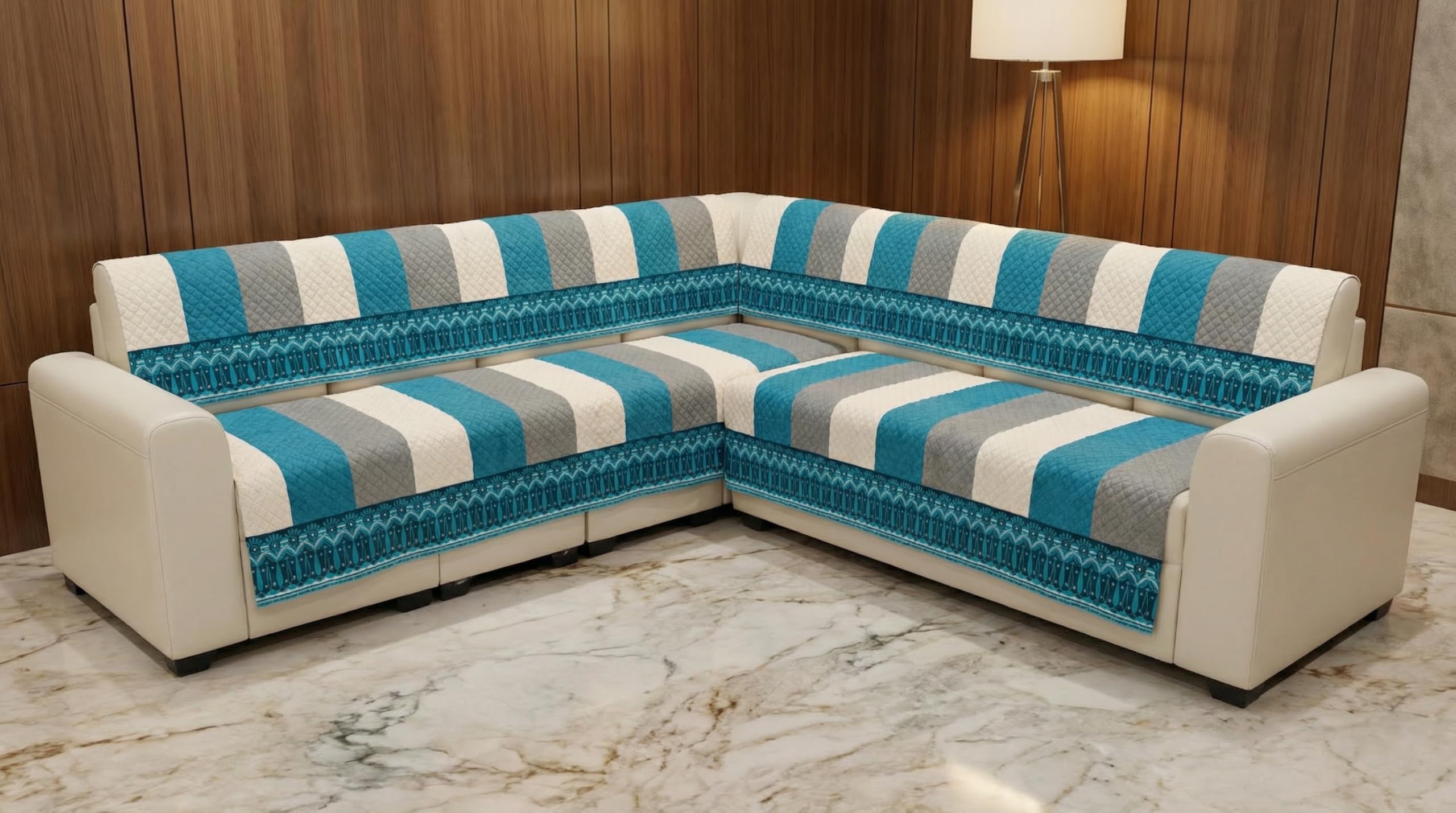 Premium Velvet L Shape 4+3 (7 Seater) L Shape Sofa Cover | Non Slip Fully Covered | Printed Aqua Blue | Sofa Slipcover with Seat & Back Protection-image-30