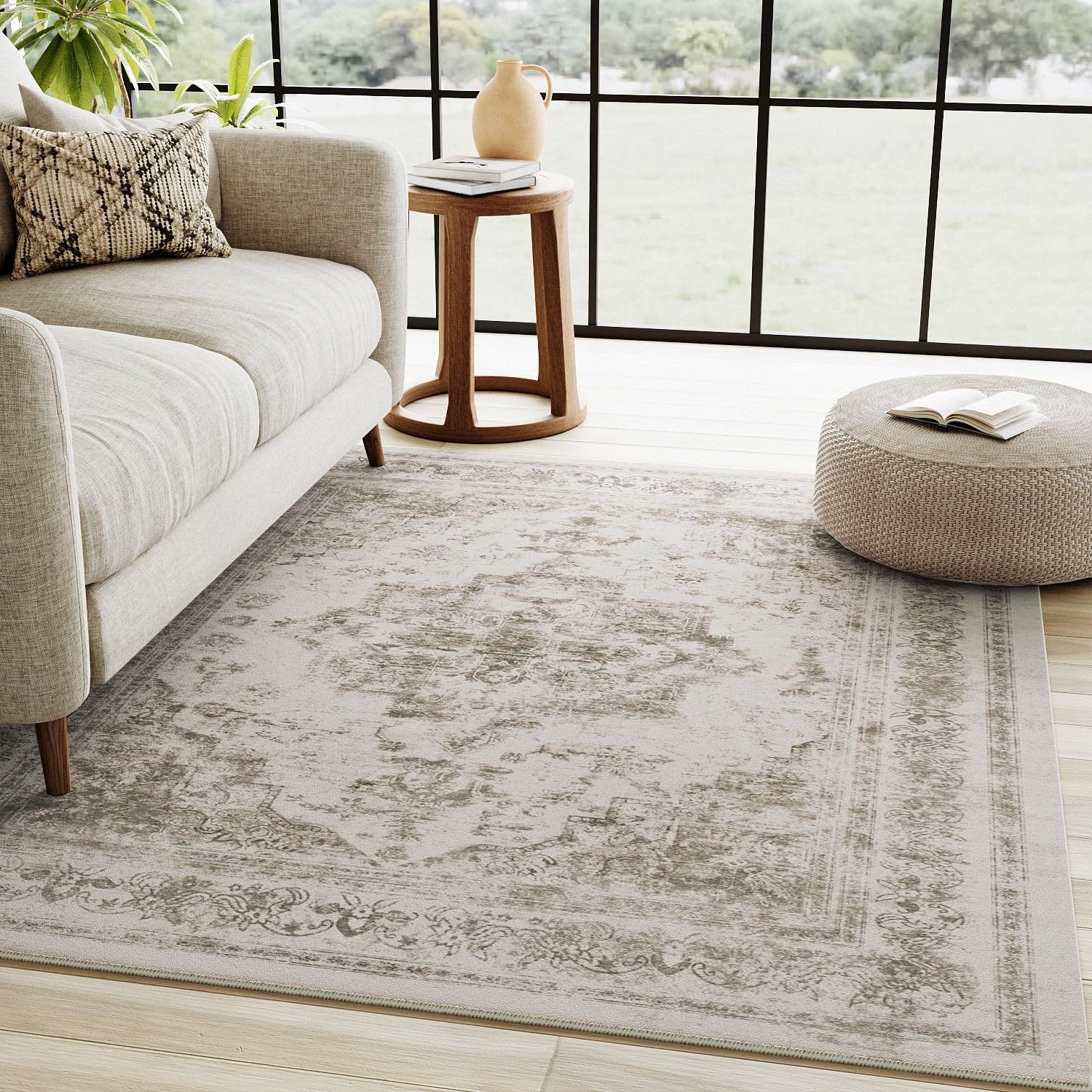 Area Rug 4x6 Beige Washable Office Entryway Vintage Medallion Carpet Non Slip Retro Indoor Mat Low Pile Soft Distressed Small Rug for Bedroom Kitchen Laundry Dining RoomOEKO-TEX STANDARD 100