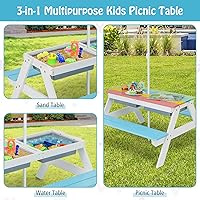 Vista 4 de HONEY JOY Mesa de picnic para niños, mesa de madera de cedro 4 en 1 para arena y agua con 2 cajas extraíbles y paraguas, mesas de picnic para niños