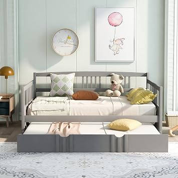 Harper & Bright Designs Full Daybed With Twin Size Trundle, Wood Bed Frame With Rails in Three Sides, Sofa Bed for Living Room, Bedroom, No Box Spring Needed Gray