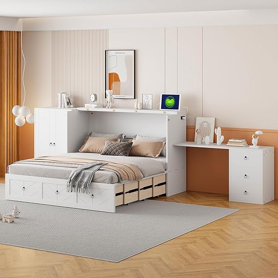 Wood Queen Size Murphy Bed with Desk, Murphy Bed with USB