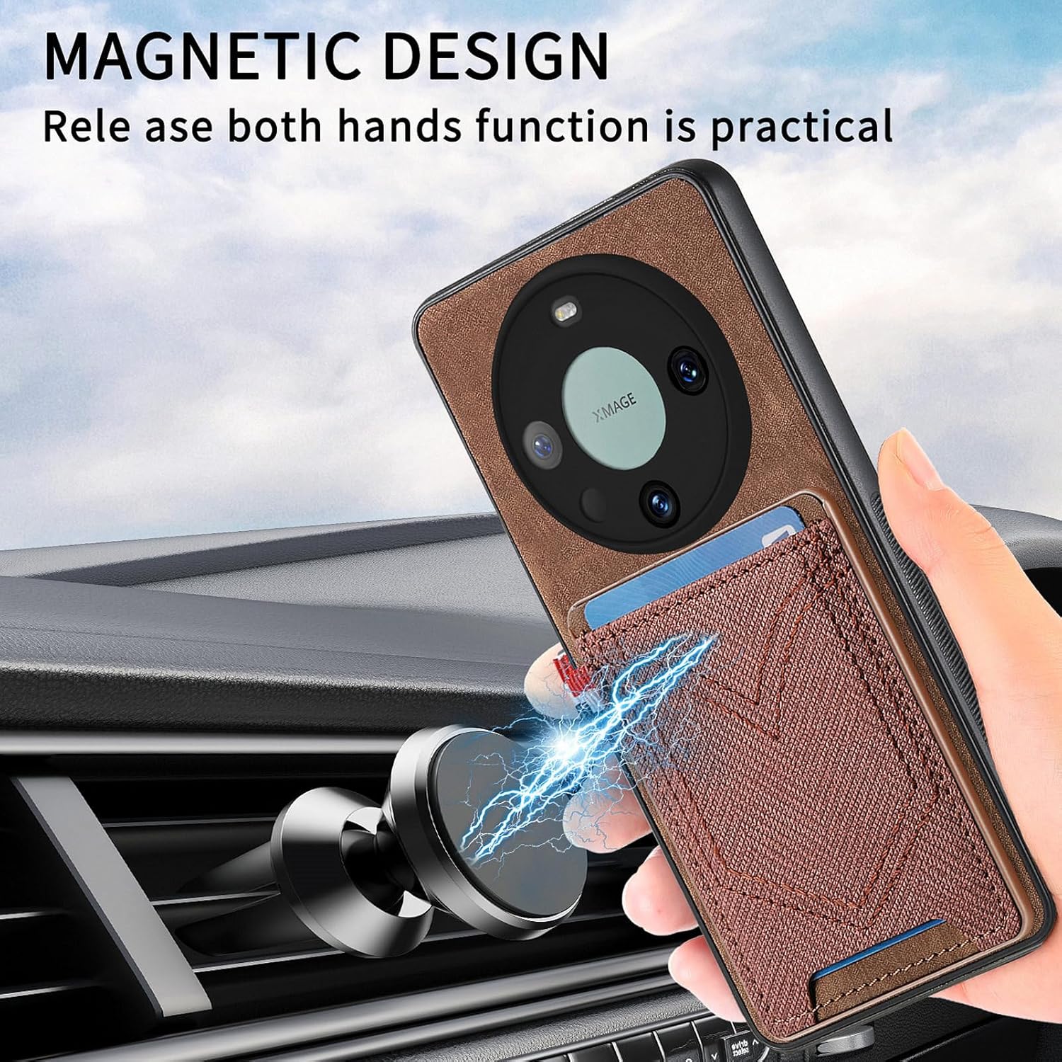 Oppo Find X6 Pro 5G phone with the case attached to a magnetic car mount on a dashboard, showing the hands-free functionality.