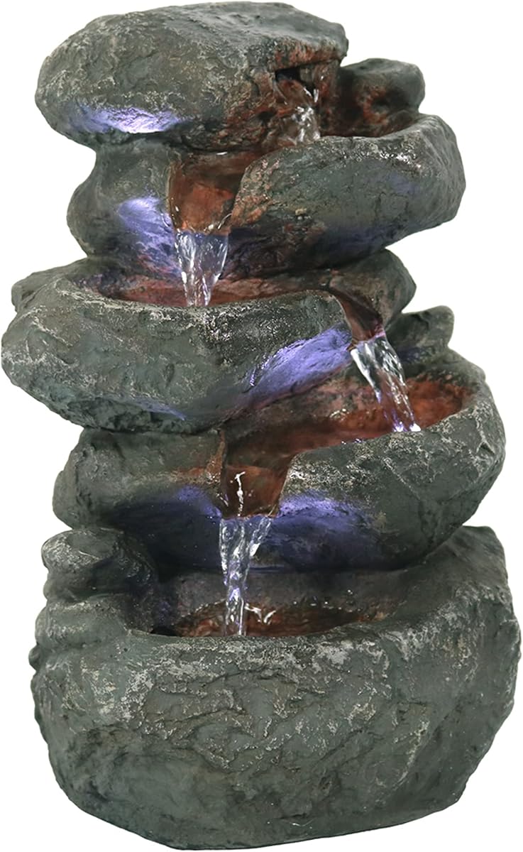 Sunnydaze 10" 5-Step Tabletop Water Fountain with LED Lights, Stacked Rocks | Rock Water Fountain with Calm Sounds for Meditation, Indoor Desk Water Feature for Office, Bedroom, Living Room, No Plumbing