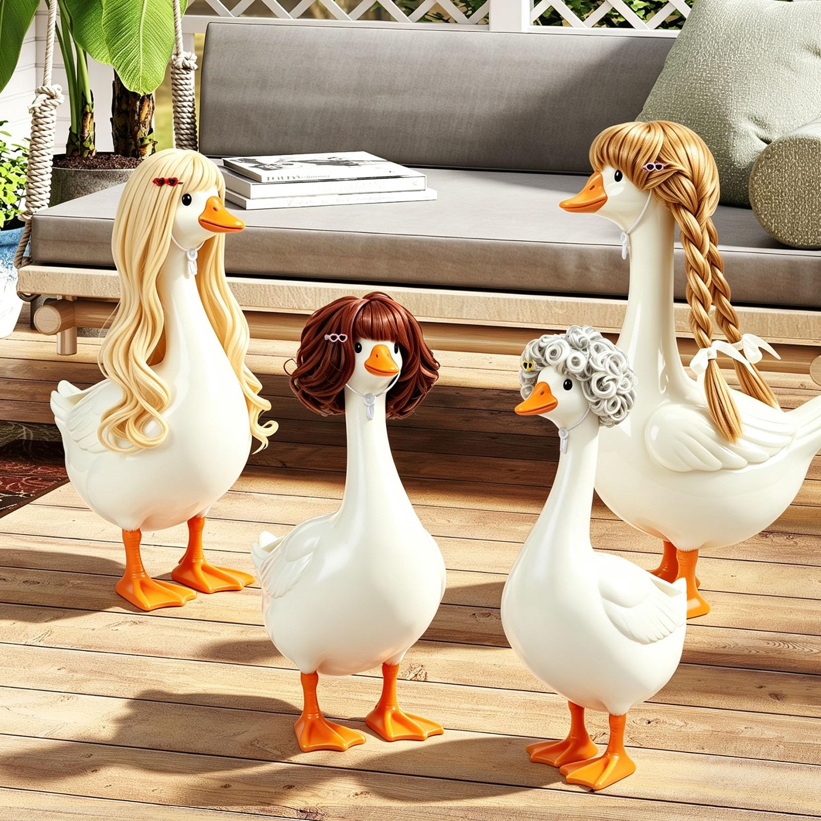 Muross 4PCS Porch Goose Wigs, Cute Porch Goosey Curly Straight Headgear Wigs Styling Synthetic Hair Goose Costume Accessory for Yard Garden Decor