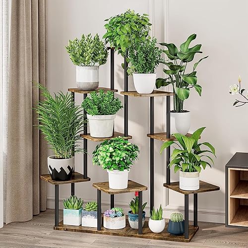 Miniatura 2 de Soporte alto de madera para plantas de 9 niveles, estante de metal para interiores, múltiples estantes para macetas, estante de esquina, estante de