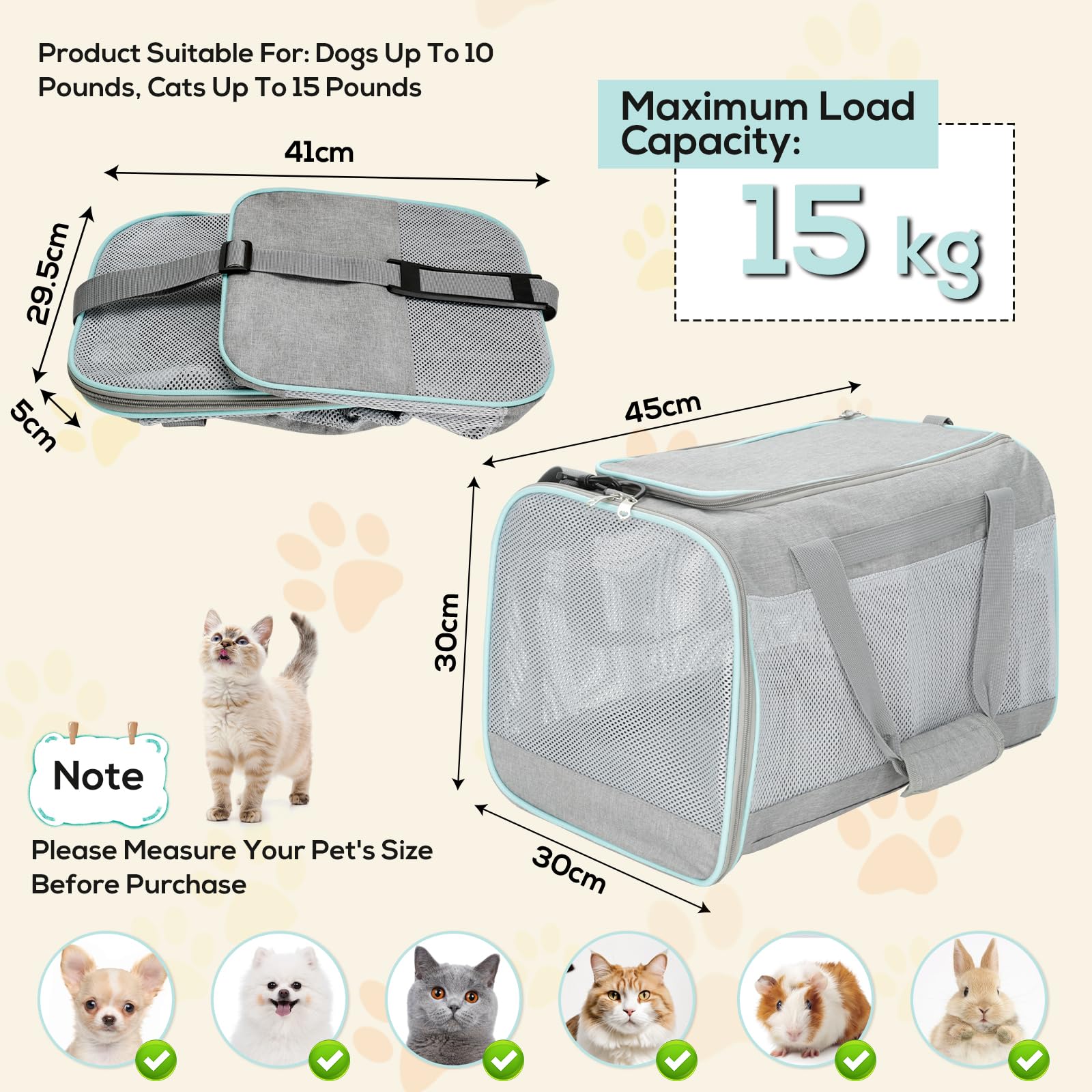 Cozary Trasportino Portatile per Gatto Cani Piccoli Pieghevole Leggero con Cuscino Tracolla Regolabile e Borsa Laterale Trasportino Rigido per Auto (45x30x30cm, Grigio)