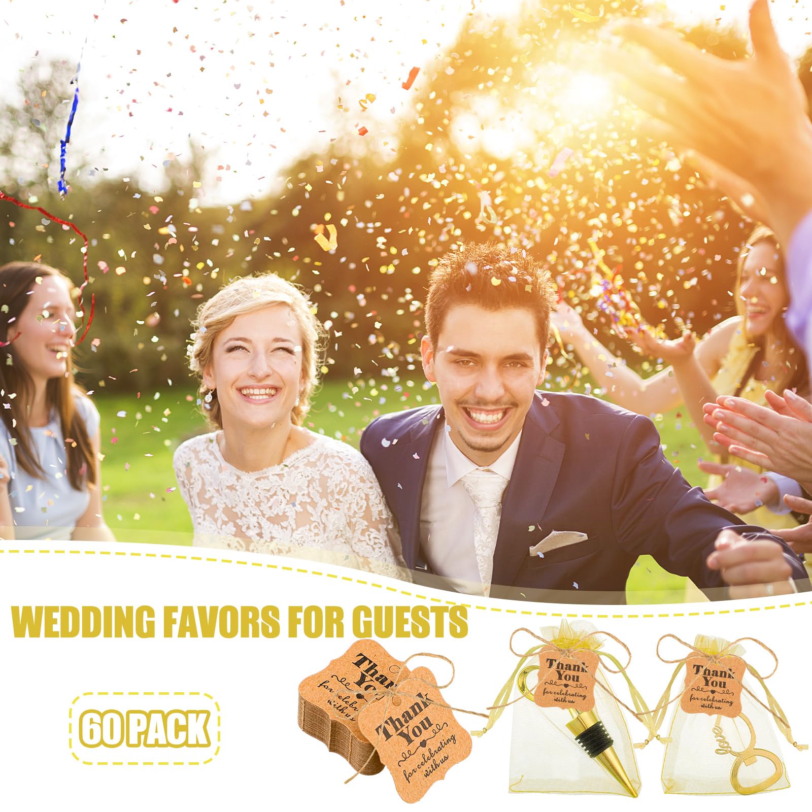 Tanlade 60 Stück Hochzeits-Partygeschenke für Gäste, Weinstopfen und Öffner, Liebes-Set, Love Forever, Brautparty, Gastgeschenke mit 100 Etiketten, 60 Netzbeutel für Hochzeit, Party, Souvenir,