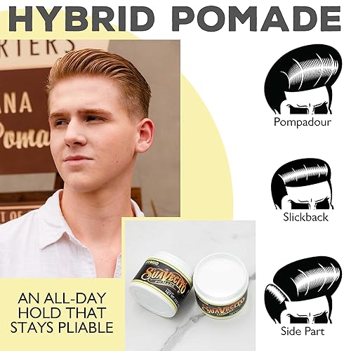 Miniatura 6 de Suavecito Pomada híbrida para hombre, fijación media, alto brillo, fórmula a base de aceite y agua, fácil de lavar, 4 onzas