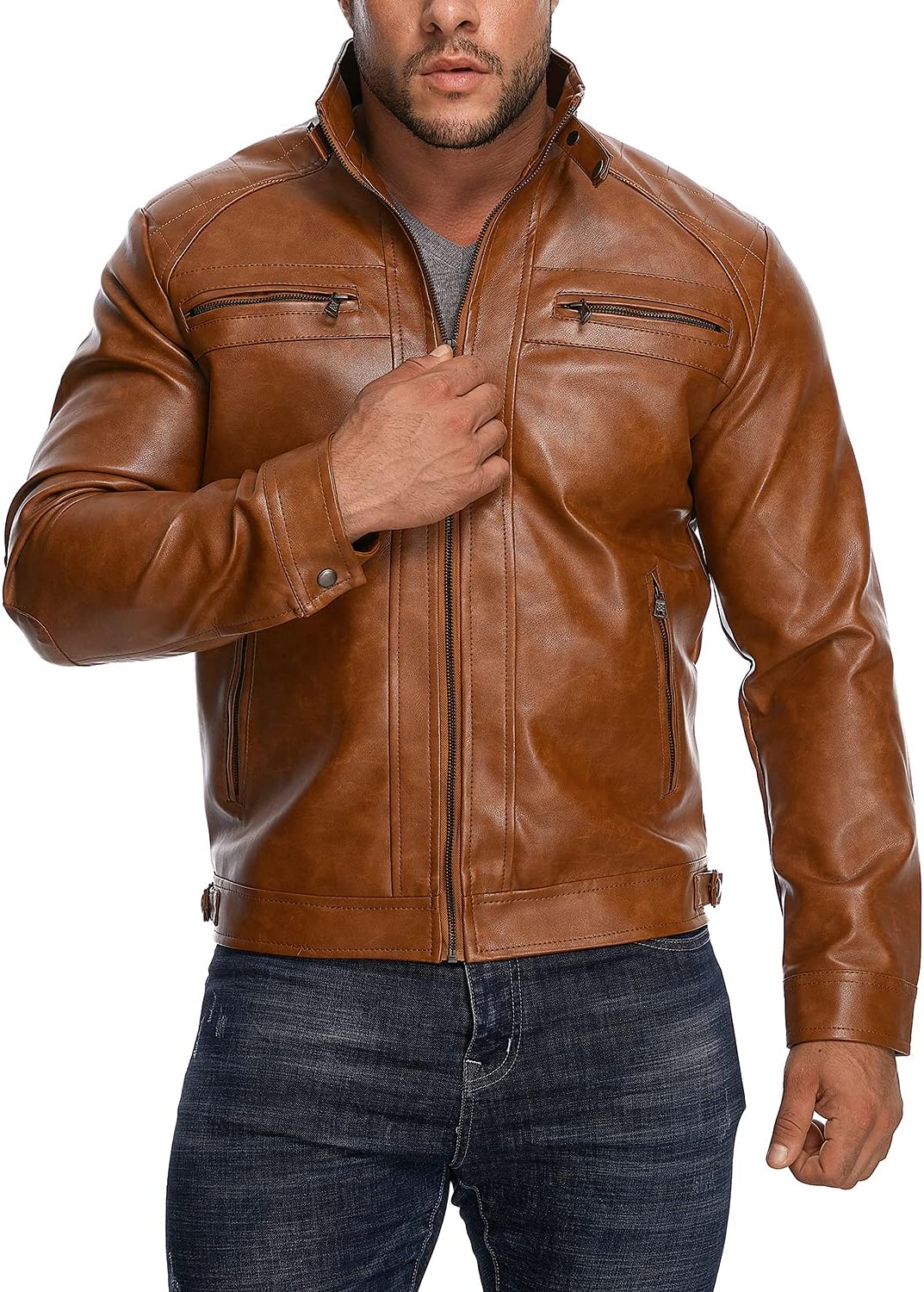 HOOD CREW Men’s Stand Collar Leather Jacket Casual Faux Leather Motorcycle Jacket Outerwear Coat with Zipper Pockets - Image 2