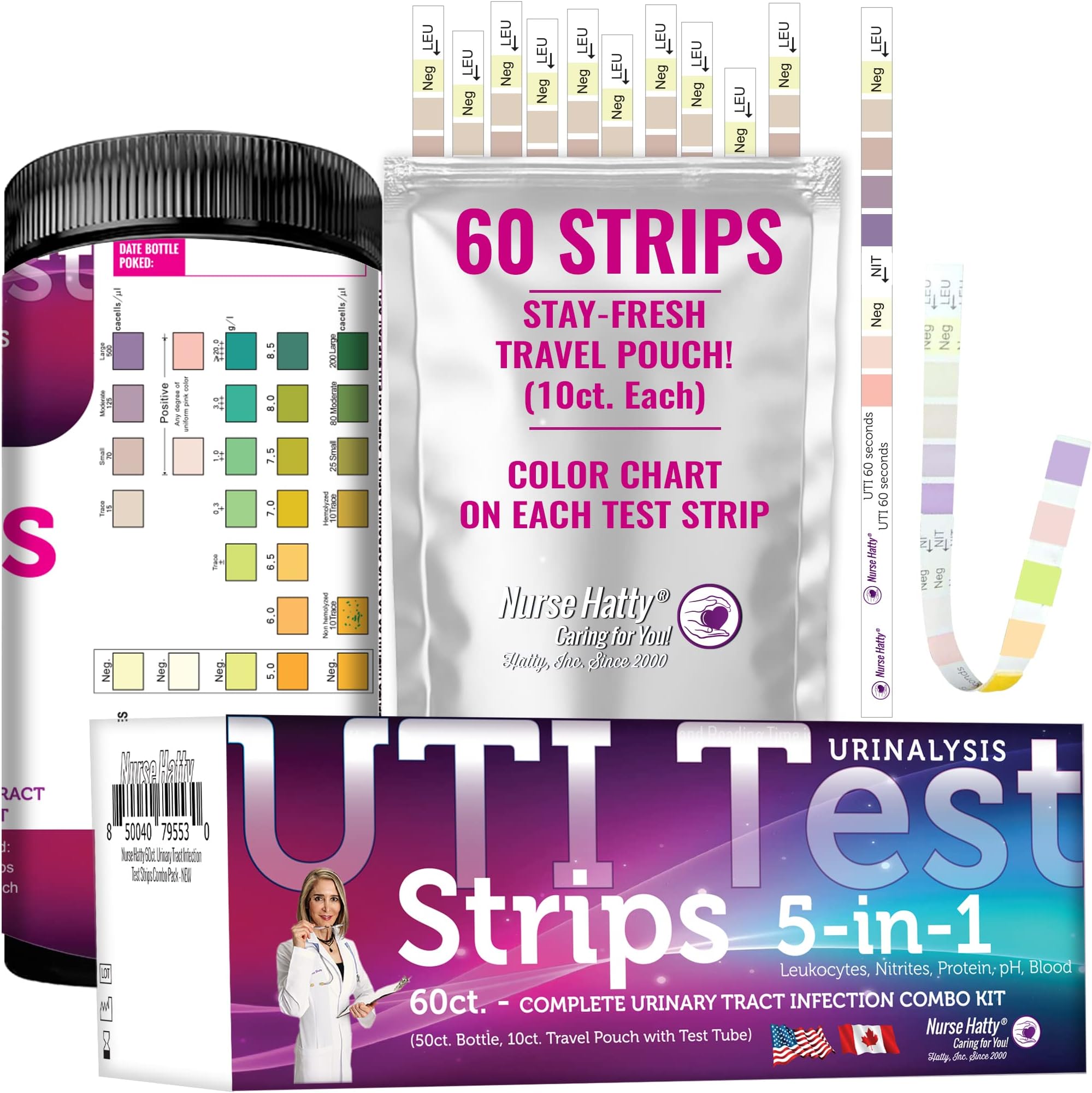 Nurse Hatty - 5in1 60ct. UTI Test Strips KIT - Urinary Tract Infection Test Strips - Easy to Read Color Chart on Strip - Urinalysis Test to Analyze Leukocytes, Nitrite, pH, Protein, and Blood