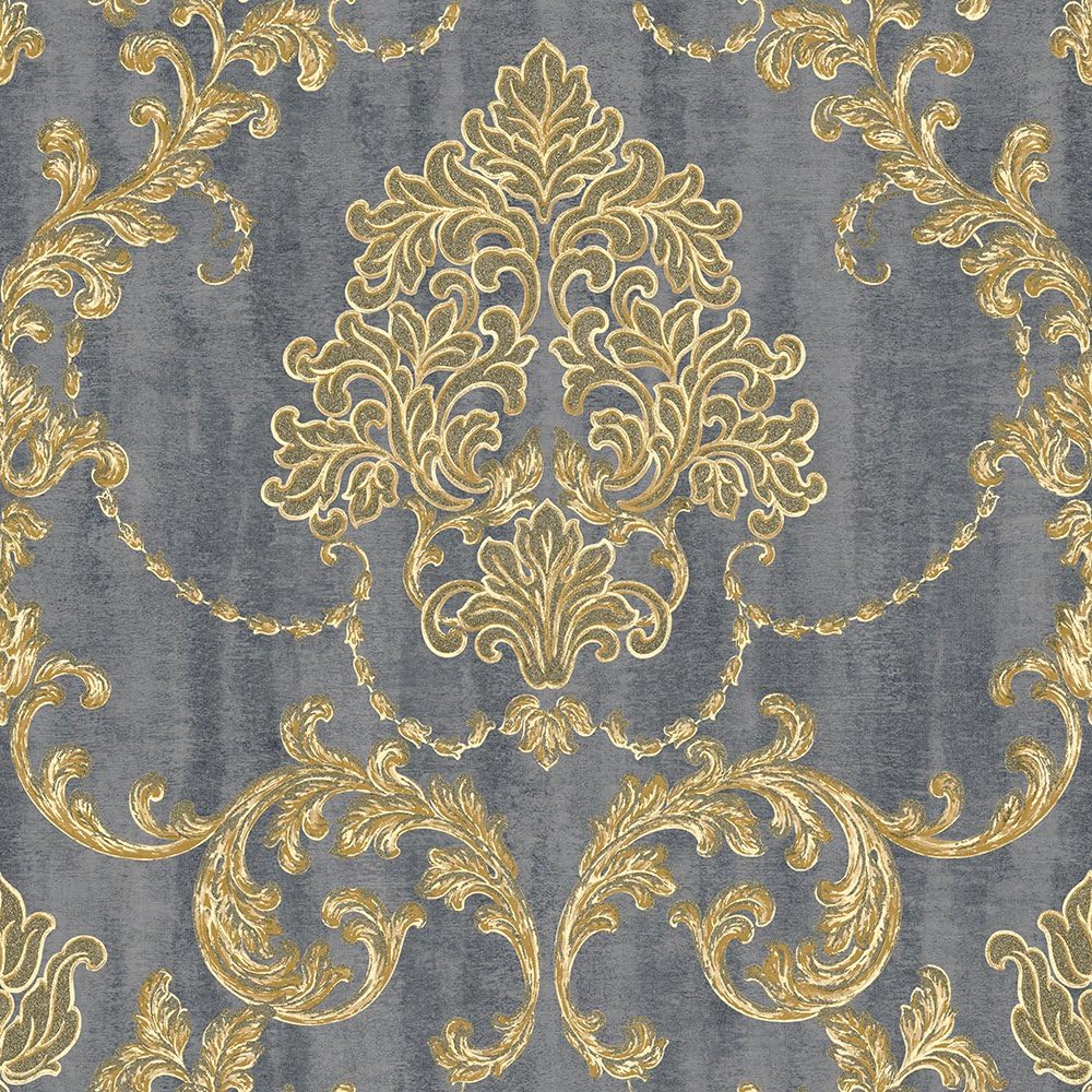 Grandeco Lauretta Damask Pattern Wallpaper Leaf Glitter Motif Textured Vinyl (Grey 130304)