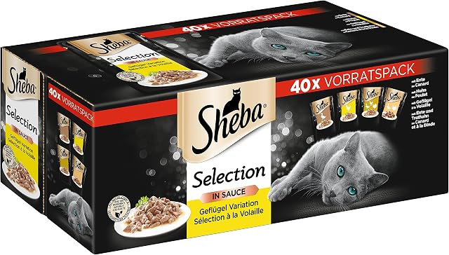 Sheba Karma mokra dla kota Selection w sosie, 40 woreczków, 40 x 85 g (1 duże opakowanie) mokra karma dla kotów, wariant drobiu z kaczką, kurczakiem, drobiem i indykiem