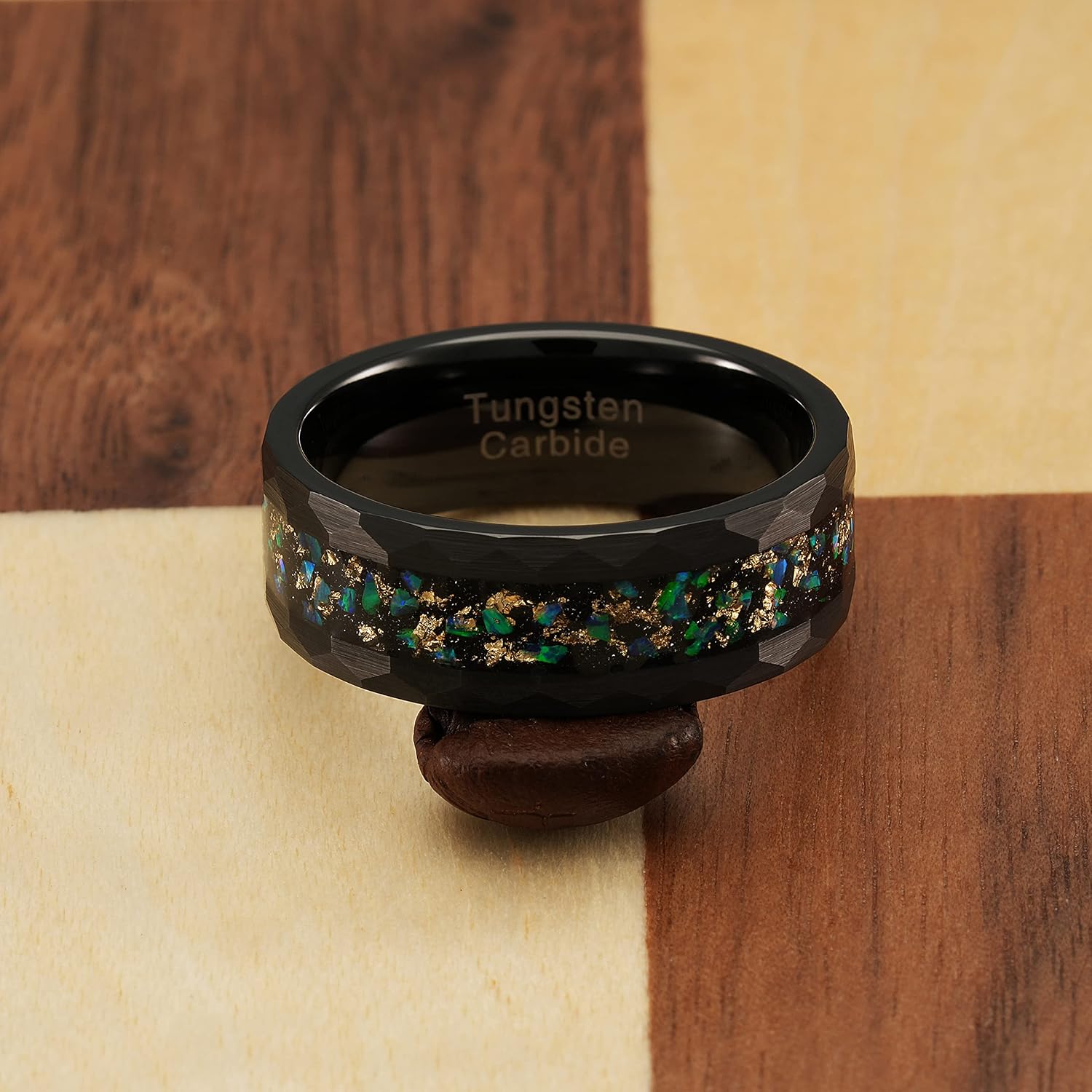 100S JEWELRY Tungsten Rings For Men Galaxy Opal Gold Foil Inlay Black Hammered Finish Wedding Engagement Promise Band Sizes 6-16