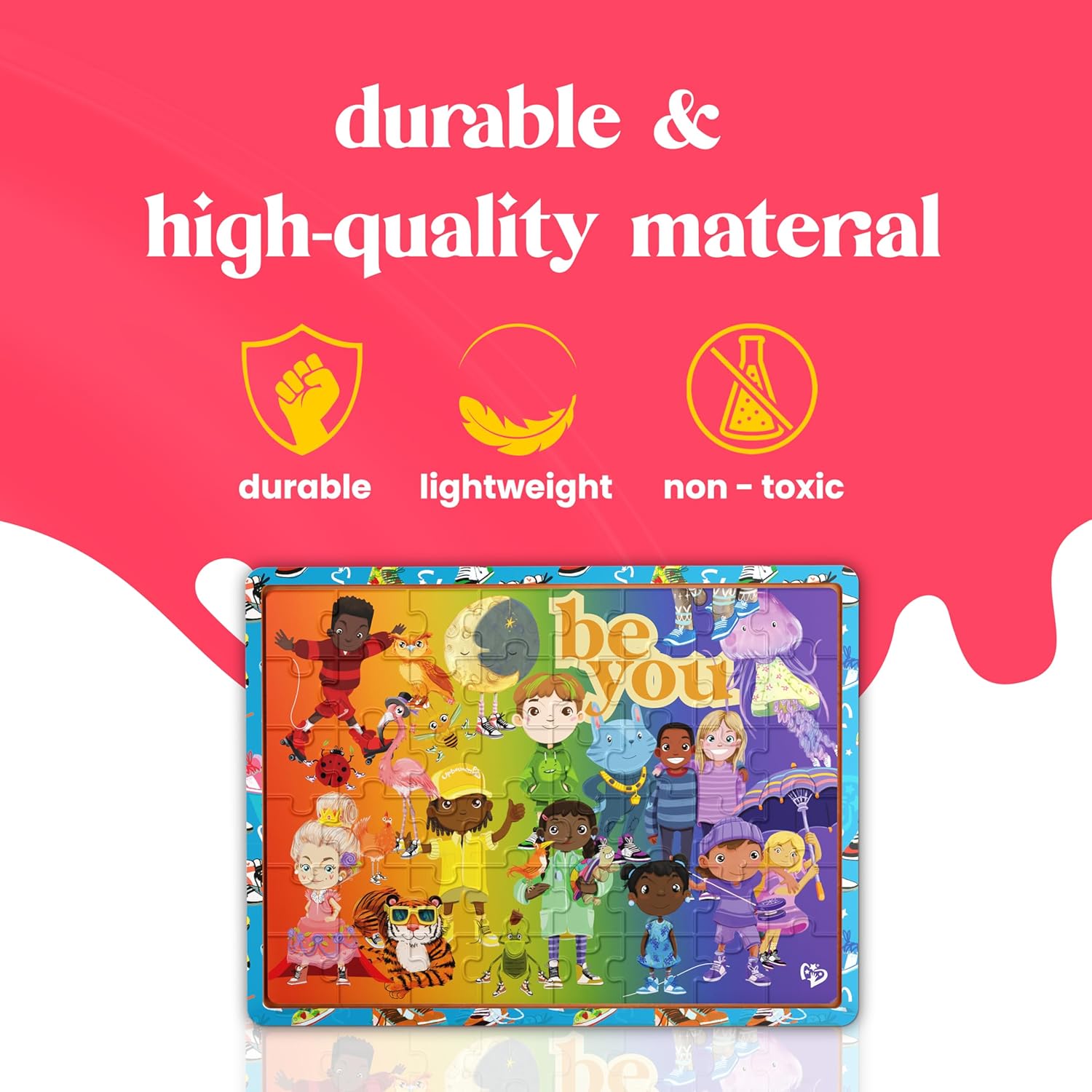 48pc FSC Wooden Tray Puzzle - Upbounders® Be You Rainbow Kicks & Zoo Animals | Colorful Sneakers, Multicultural Kids | Ages 4+ Educational Toy