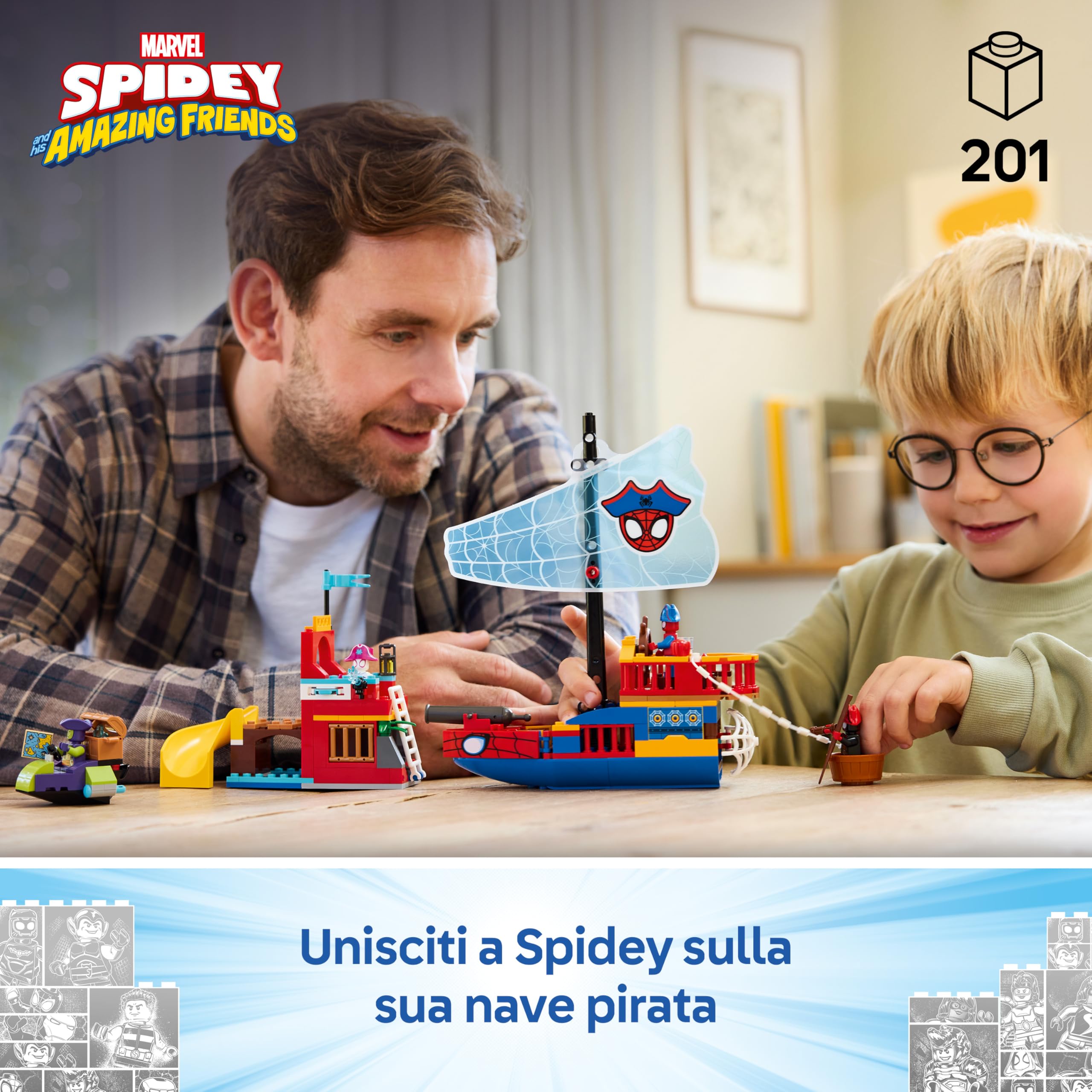 LEGO ǀ Marvel Nave Pirata del Team Spidey - Set dei Supereroi con Nave Giocattolo, 2 Barche e 4 Minifigure - Regalo per Bambini da 4 Anni Fan dello Show Spidey e i Suoi Fantastici Amici - 11208
