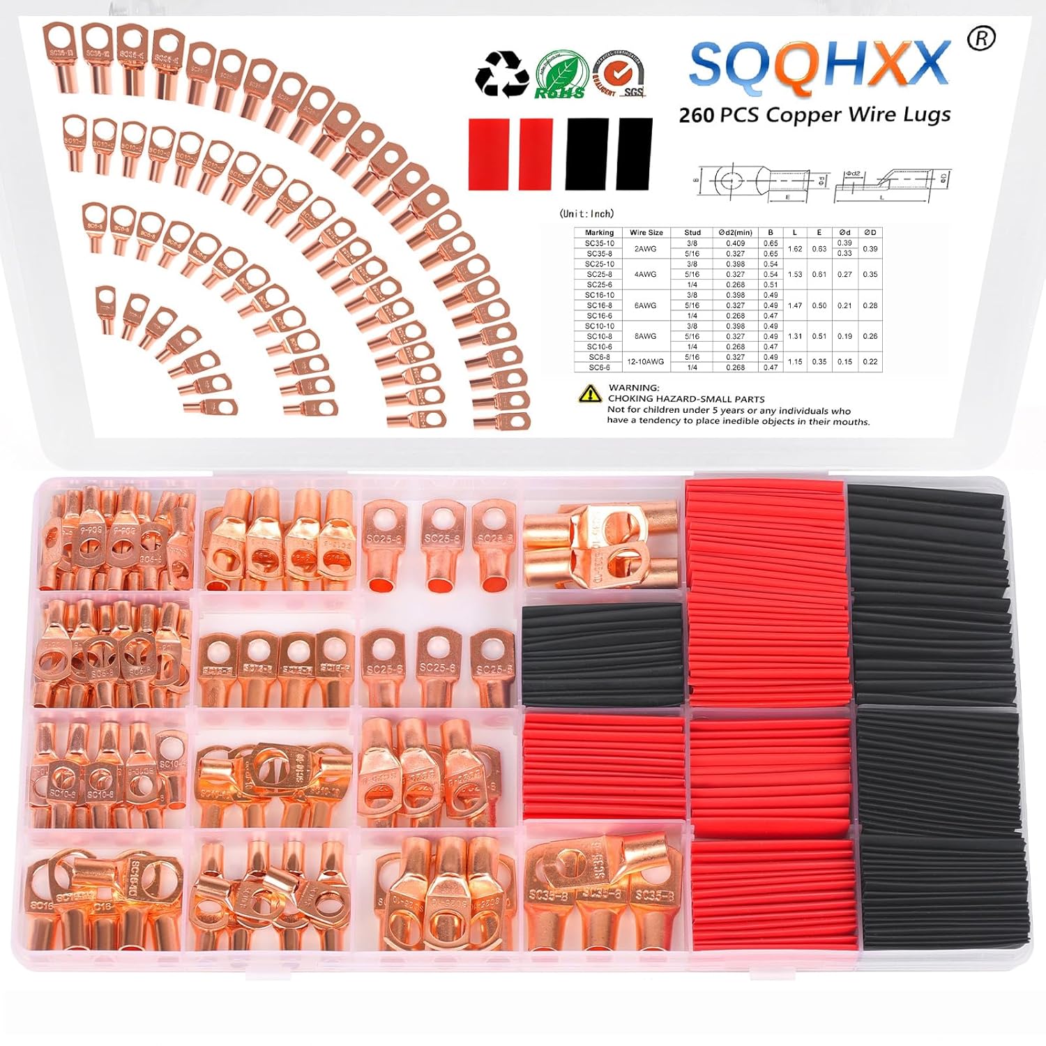 260Pcs Copper Wire Lugs, Battery Cable Ends AWG 2 4 6 8 10 12 Gauge Wire Connectors with Heat Shrink Set, Ring Terminals Connectors Battery Cable Lugs Battery Lugs with 140Pcs Heat Shrink Tubing Kit