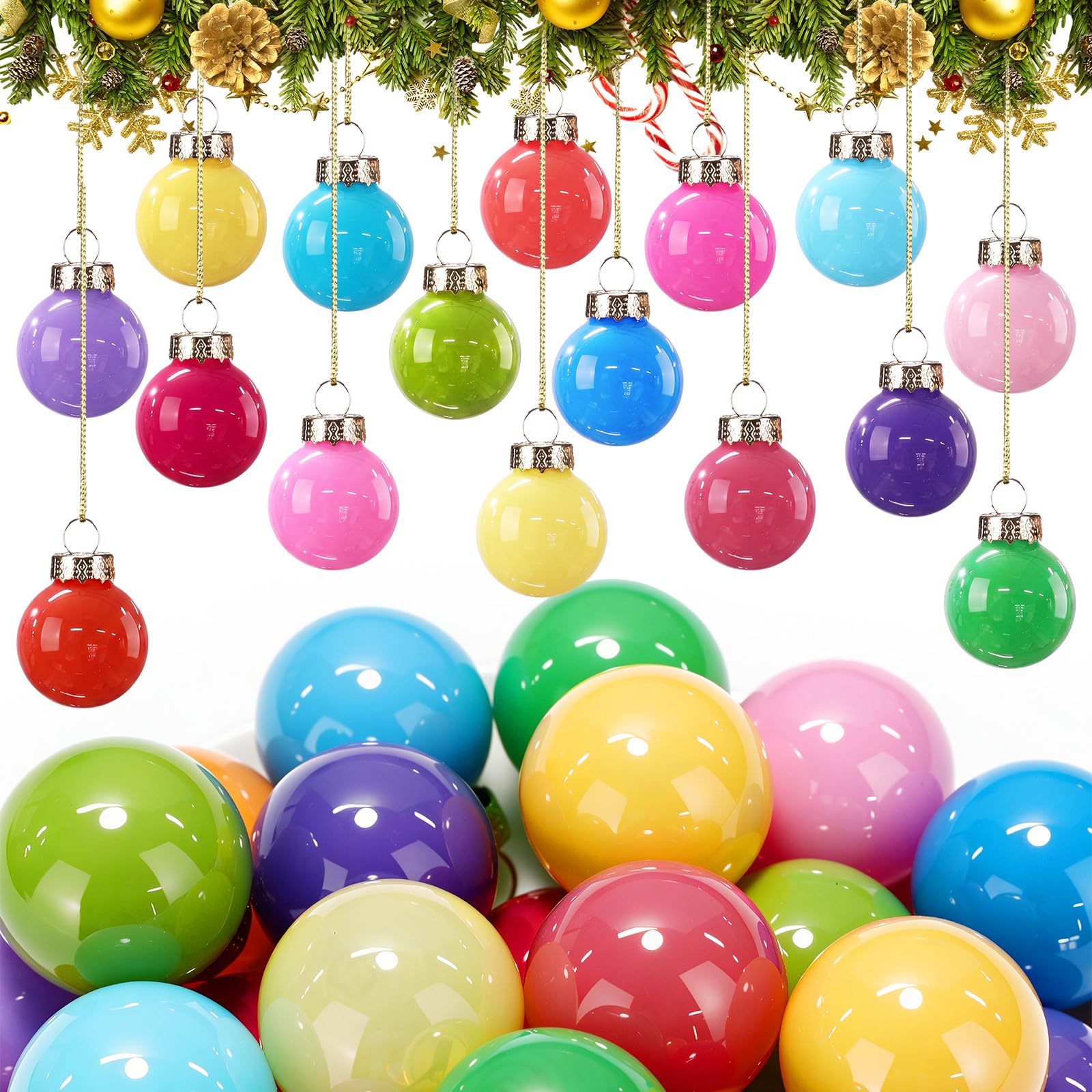 Tioncy 32 Pcs 1'' Mini Glass Christmas Ornament, Small Candy Color Balls