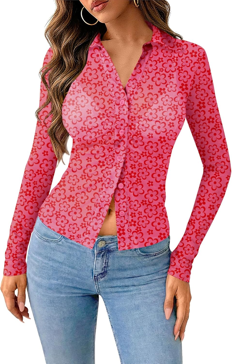 Clarisbelle Summer Womens Button Down Lapel Long Sleeve Shirts V Neck Mesh Ruched Trendy Tops