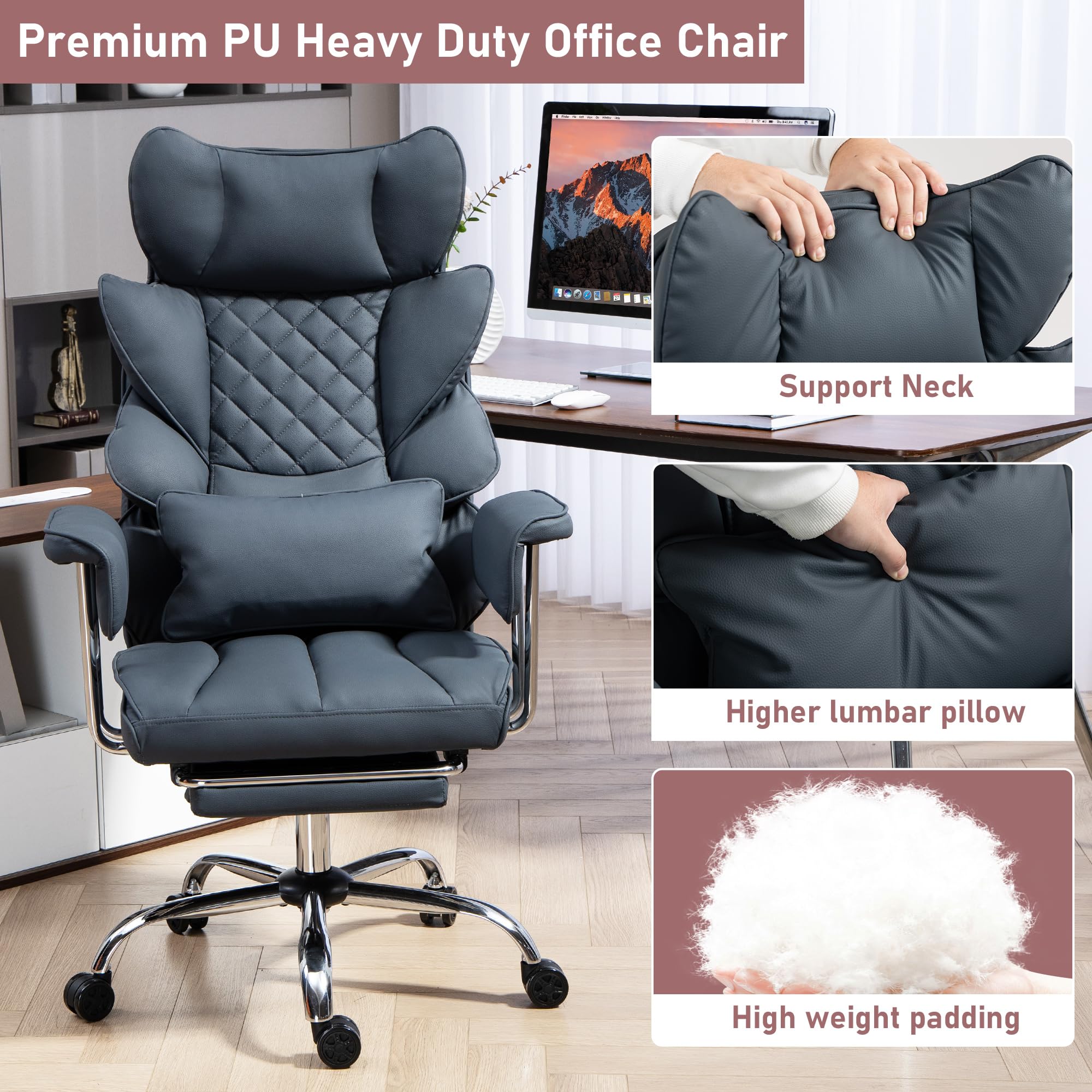 Sedia da Ufficio con Poggiapiedi - Sedia Ergonomica per Gaming e Dirigenti, con Rotazione a 360°, Schienale Regolabile da 90°-135° e Braccioli Morbidi per il Massimo Comfort (Nero)